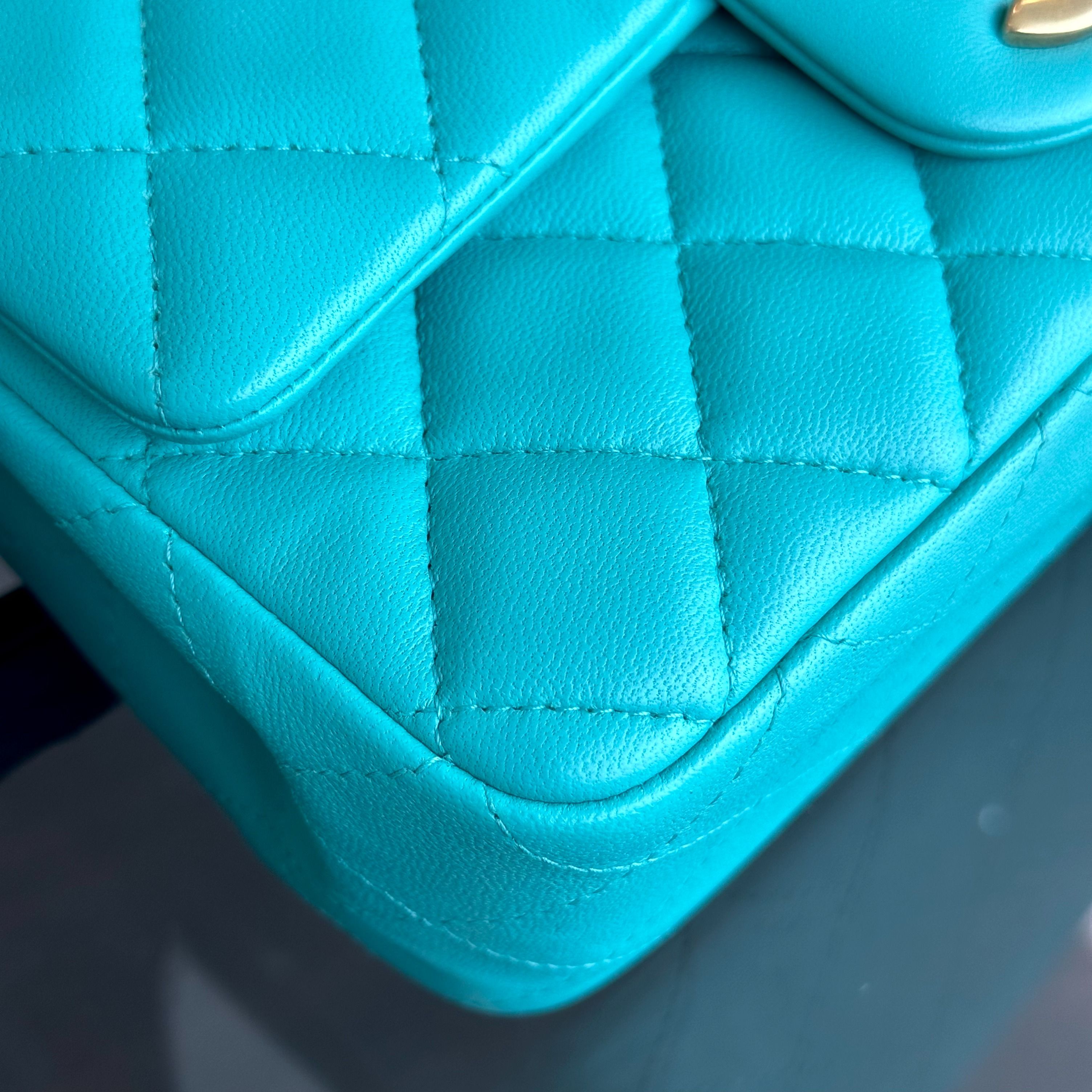 Chanel Mini Rectangular Classic Flap 20CM Quilted Lambskin Blue Green GHW No 27 - Luxury Evermore