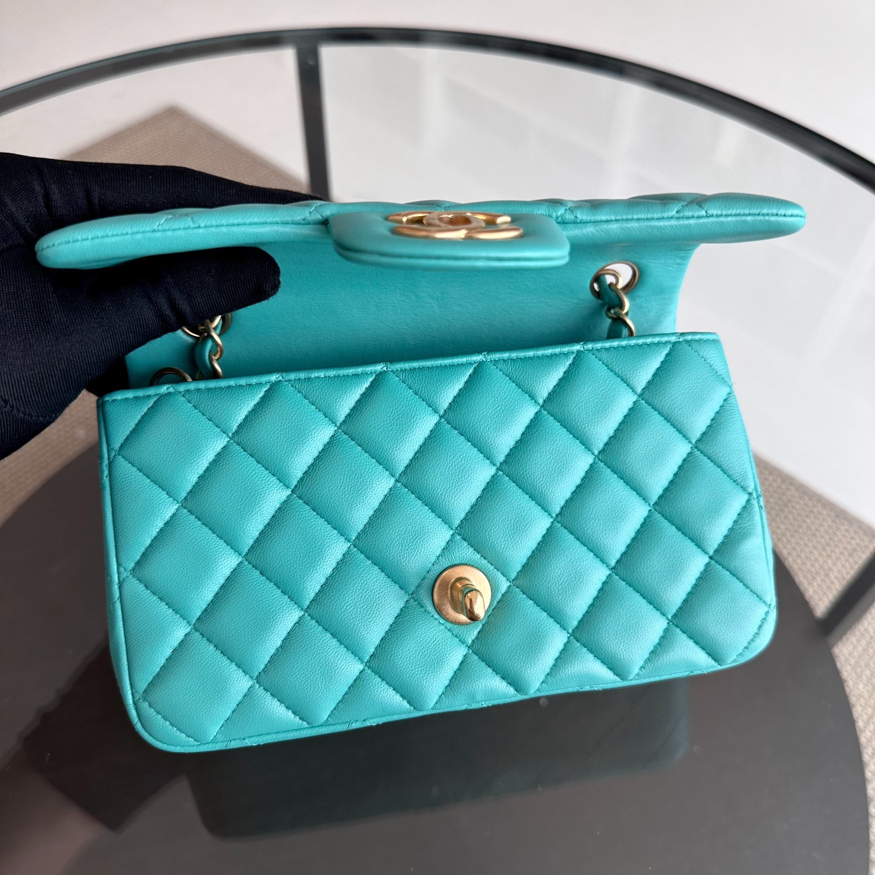 Chanel Mini Rectangular Classic Flap 20CM Quilted Lambskin Blue Green GHW No 27 - Luxury Evermore