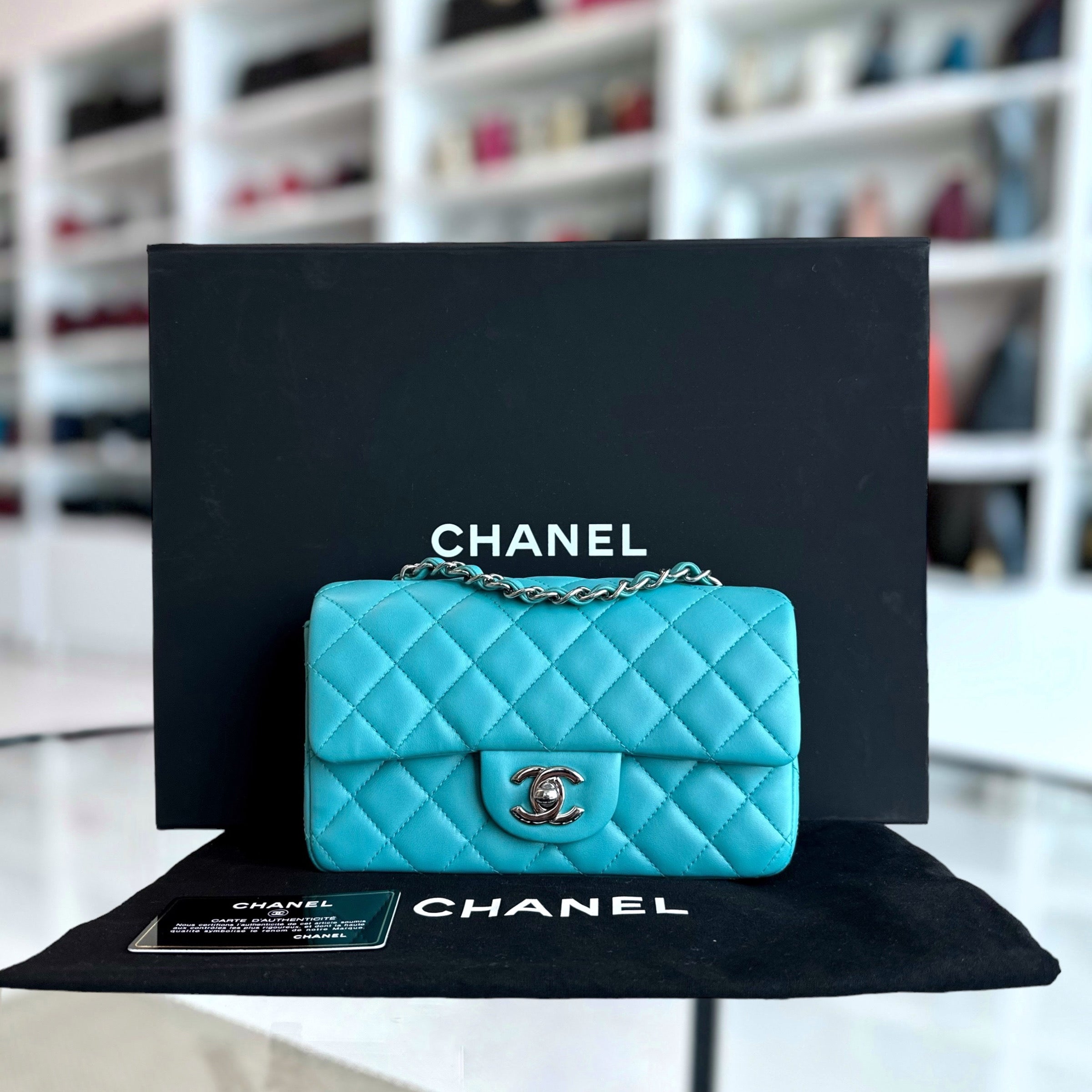 Chanel Mini Rectangular Classic Flap 20CM Quilted Lambskin Green Silver Hardware Series 19 - Luxury Evermore