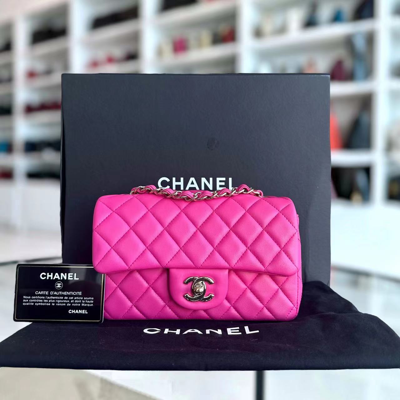 Chanel Mini Rectangular Classic Flap 20CM Quilted Lambskin Hot Pink Light Golden Hardware Series 21 - Luxury Evermore