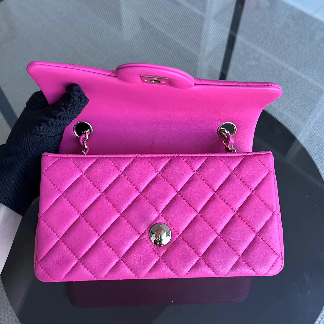 Chanel Mini Rectangular Classic Flap 20CM Quilted Lambskin Hot Pink Light Golden Hardware Series 21 - Luxury Evermore