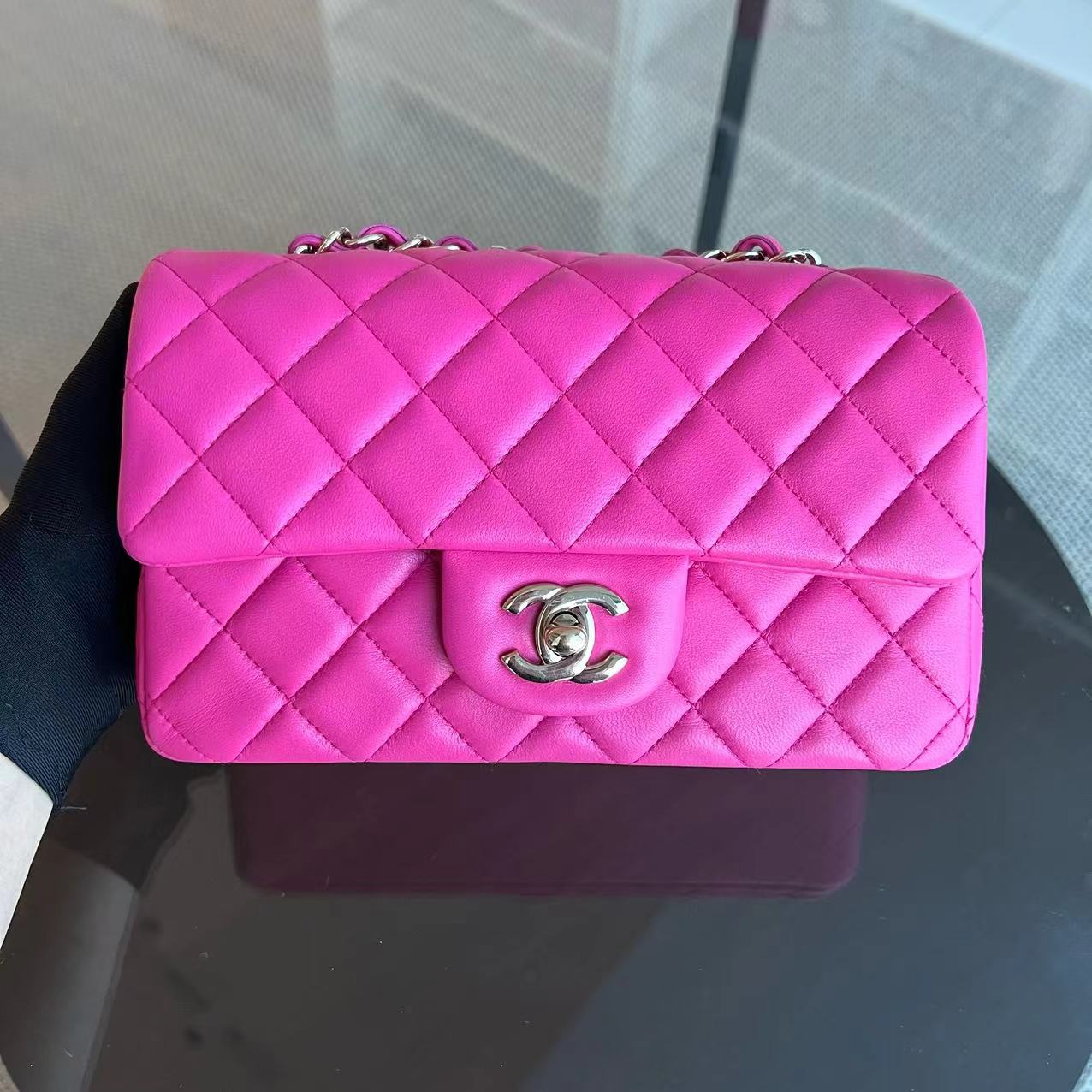 Chanel Mini Rectangular Classic Flap 20CM Quilted Lambskin Hot Pink Light Golden Hardware Series 21 - Luxury Evermore