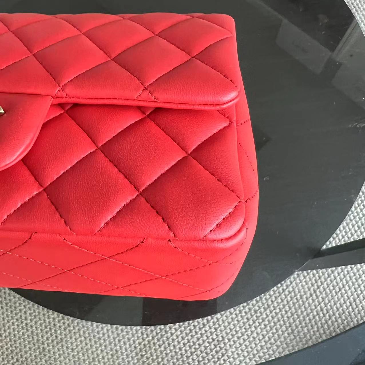 Chanel Mini Rectangular Classic Flap 20CM Quilted Lambskin Red Golden Hardware Series 17 - Luxury Evermore