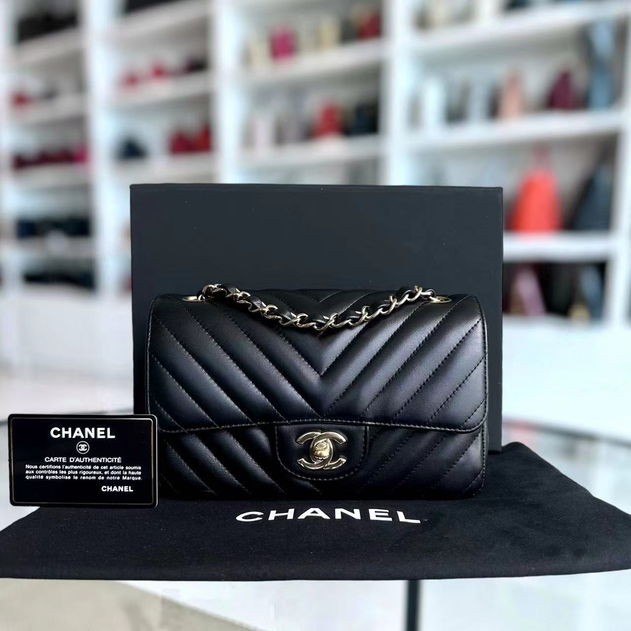 Chanel Mini Rectangular Classic Flap Double Flap 20CM Chevron Lambskin Black Golden Hardware Series 27 - Luxury Evermore