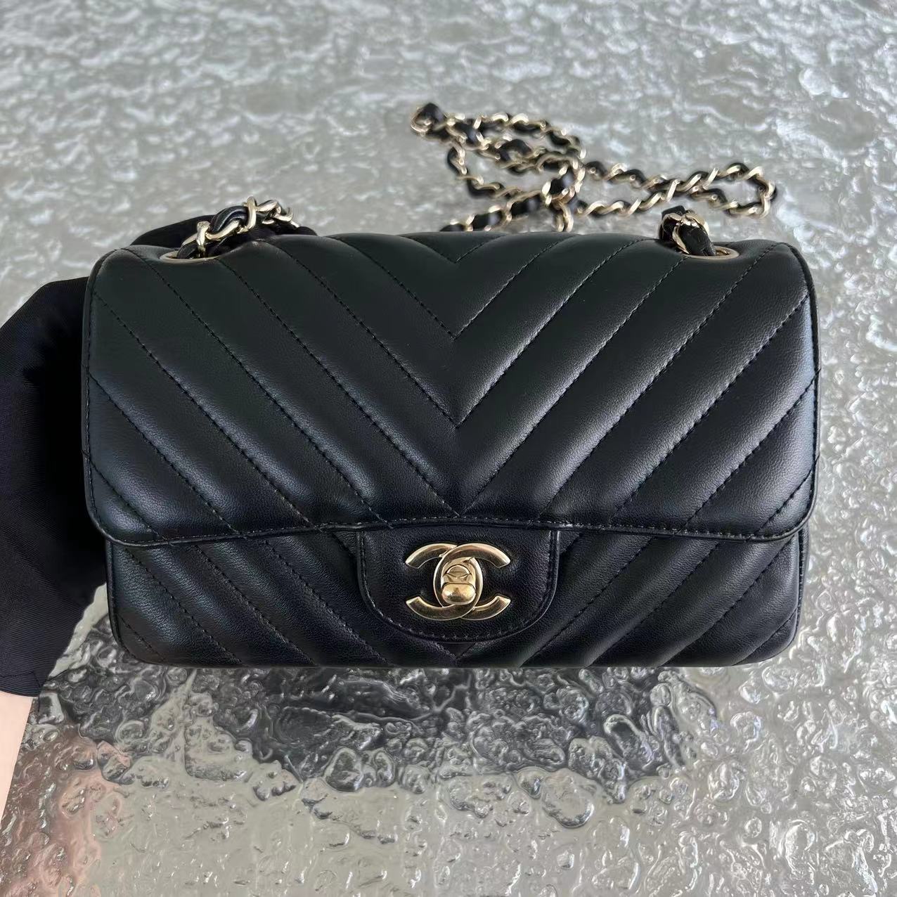 Chanel Mini Rectangular Classic Flap Double Flap 20CM Chevron Lambskin Black Golden Hardware Series 27 - Luxury Evermore