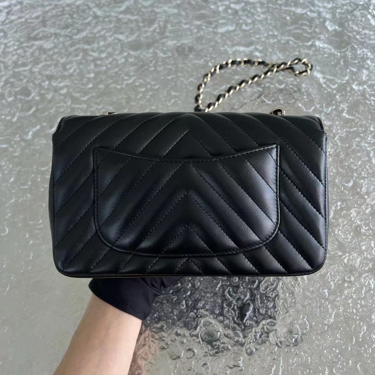 Chanel Mini Rectangular Classic Flap Double Flap 20CM Chevron Lambskin Black Golden Hardware Series 27 - Luxury Evermore