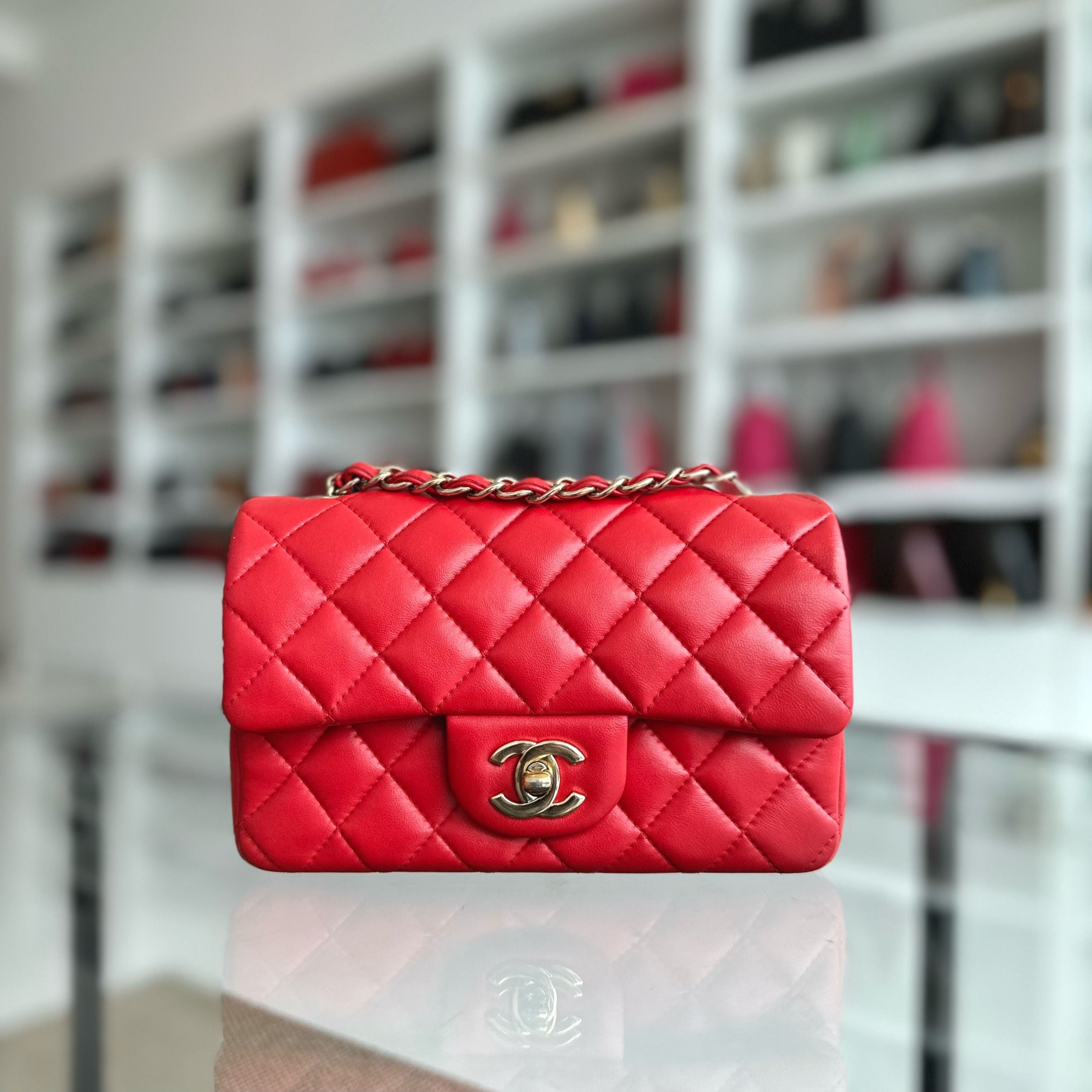 Chanel Mini Rectangular Classic Flap Lambskin Red GHW No 23 - Luxury Evermore