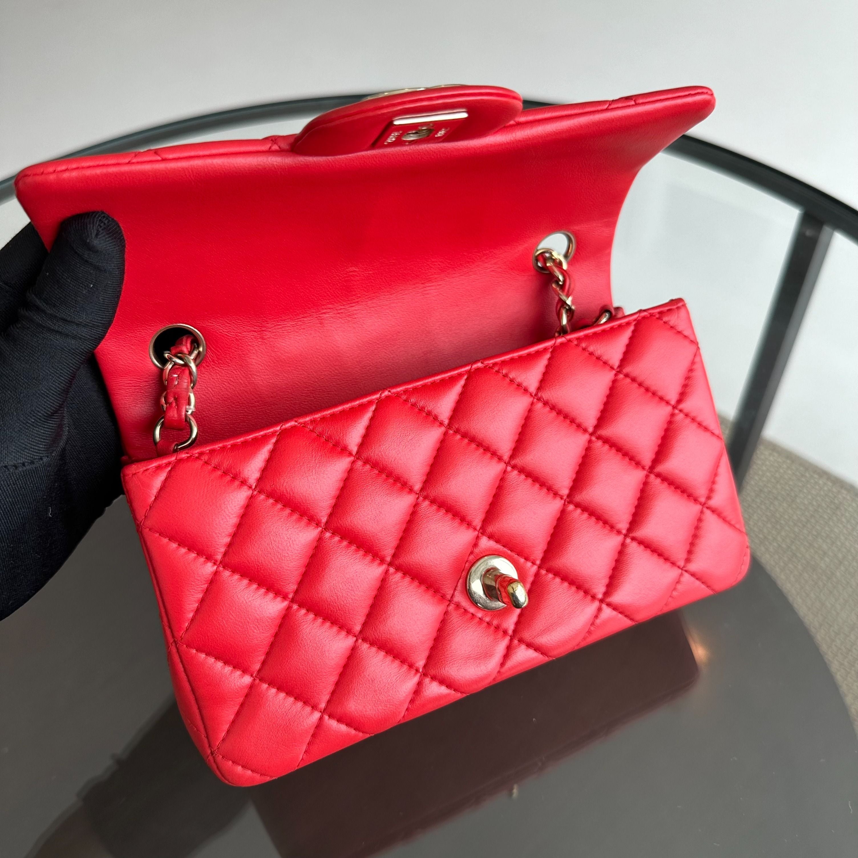 Chanel Mini Rectangular Classic Flap Lambskin Red GHW No 23 - Luxury Evermore