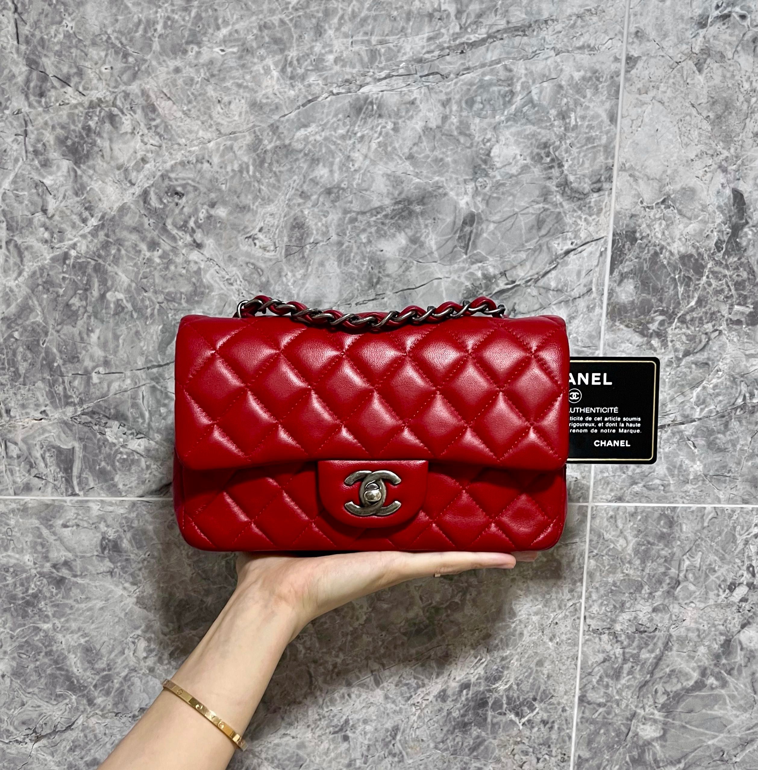 Chanel Mini Rectangular Classic Flap Lambskin Red SHW - Luxury Evermore