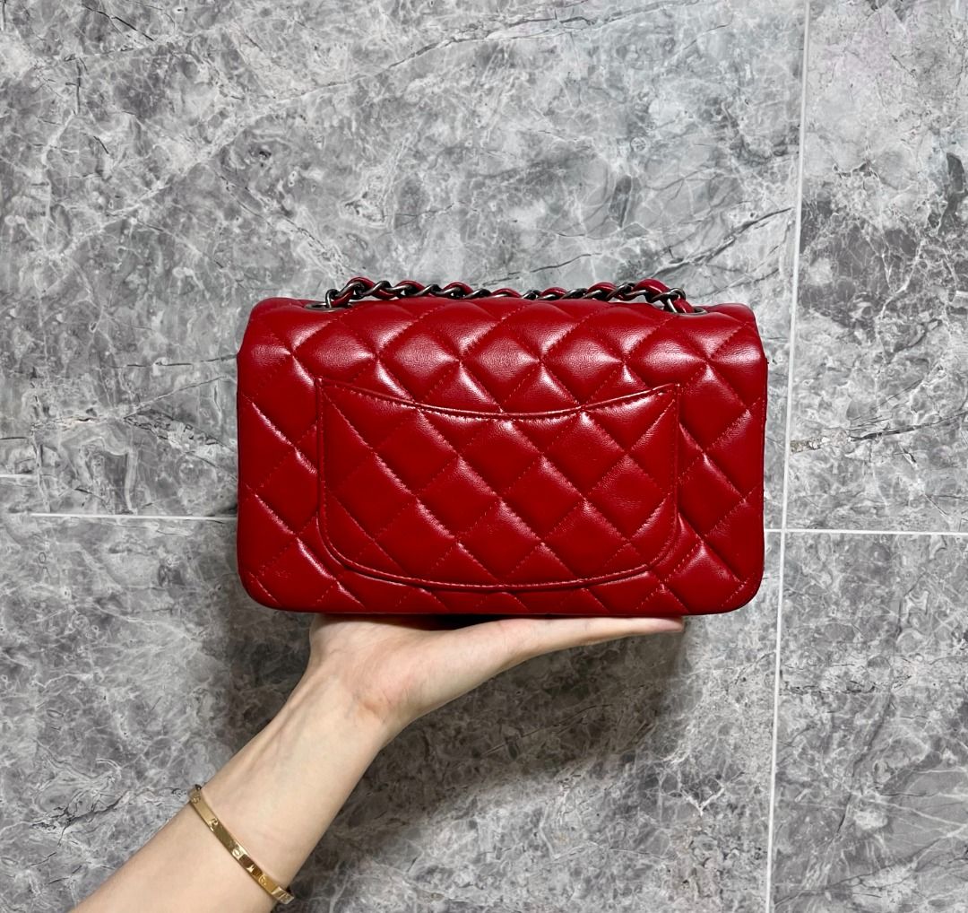 Chanel Mini Rectangular Classic Flap Lambskin Red SHW - Luxury Evermore