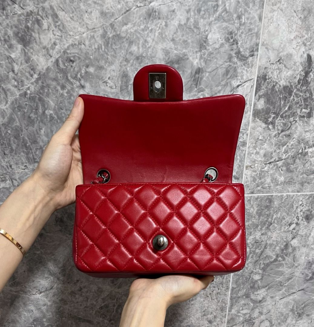 Chanel Mini Rectangular Classic Flap Lambskin Red SHW - Luxury Evermore