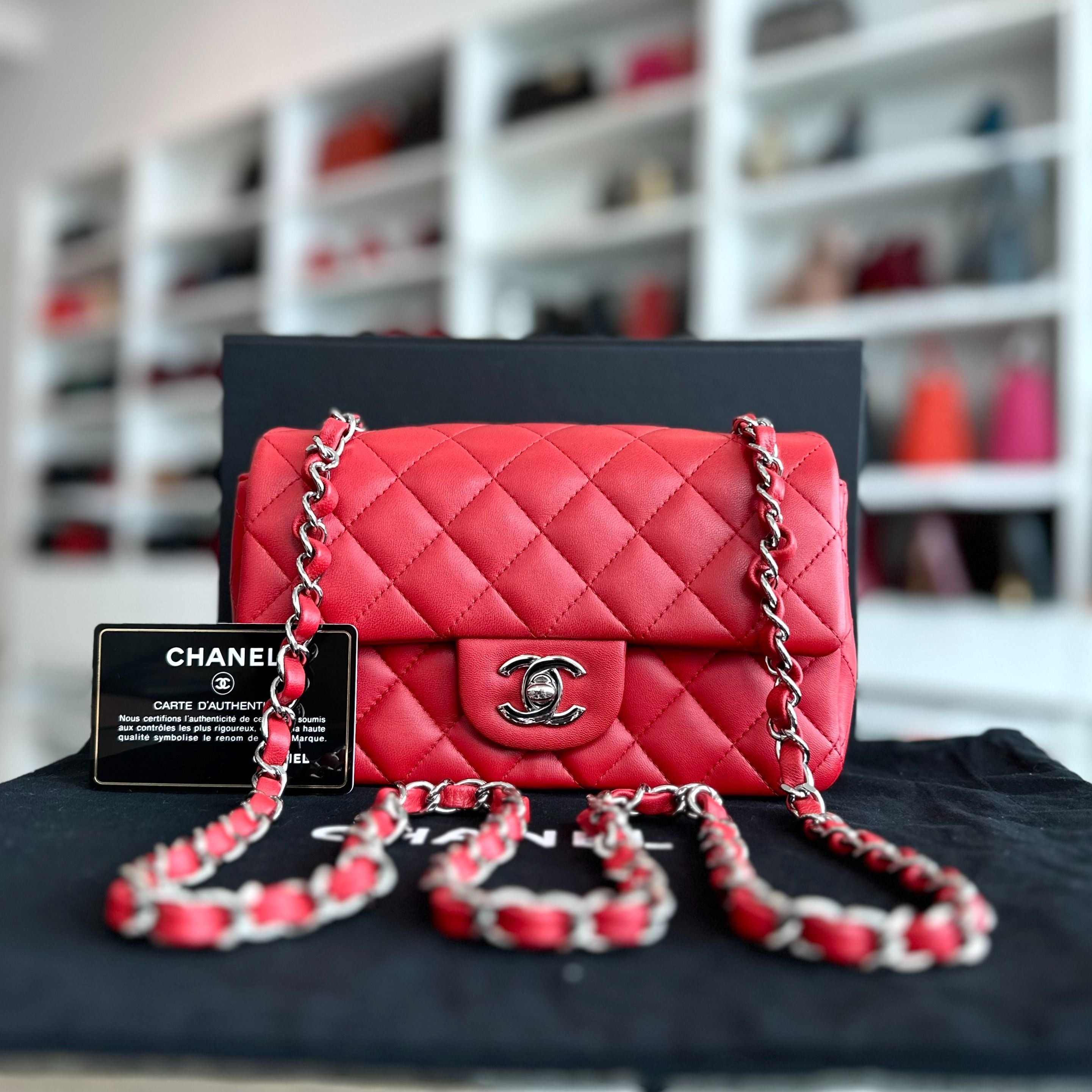 Chanel Mini Rectangular Classic Flap Lambskin Red SHW No 18 - Luxury Evermore