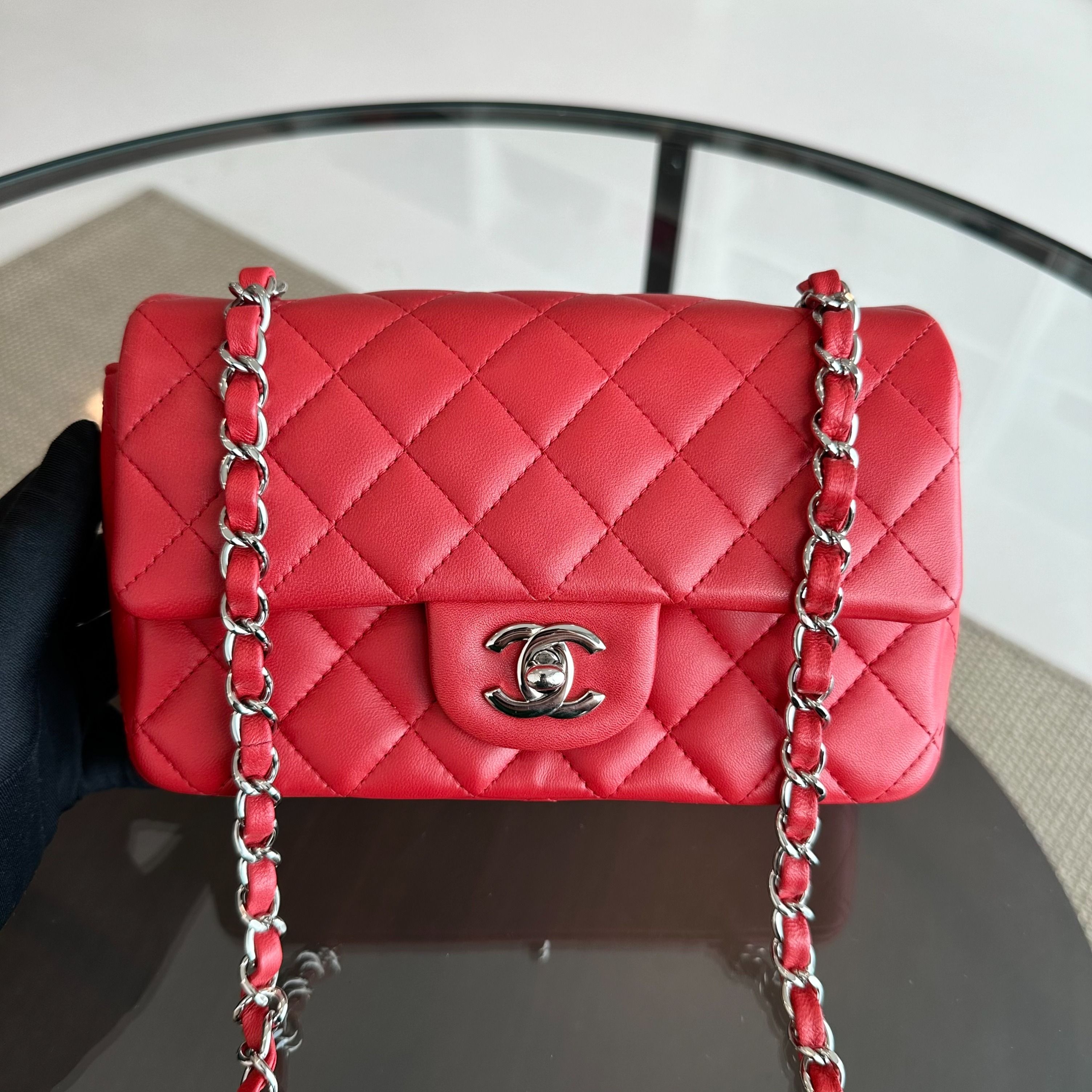 Chanel Mini Rectangular Classic Flap Lambskin Red SHW No 18 - Luxury Evermore