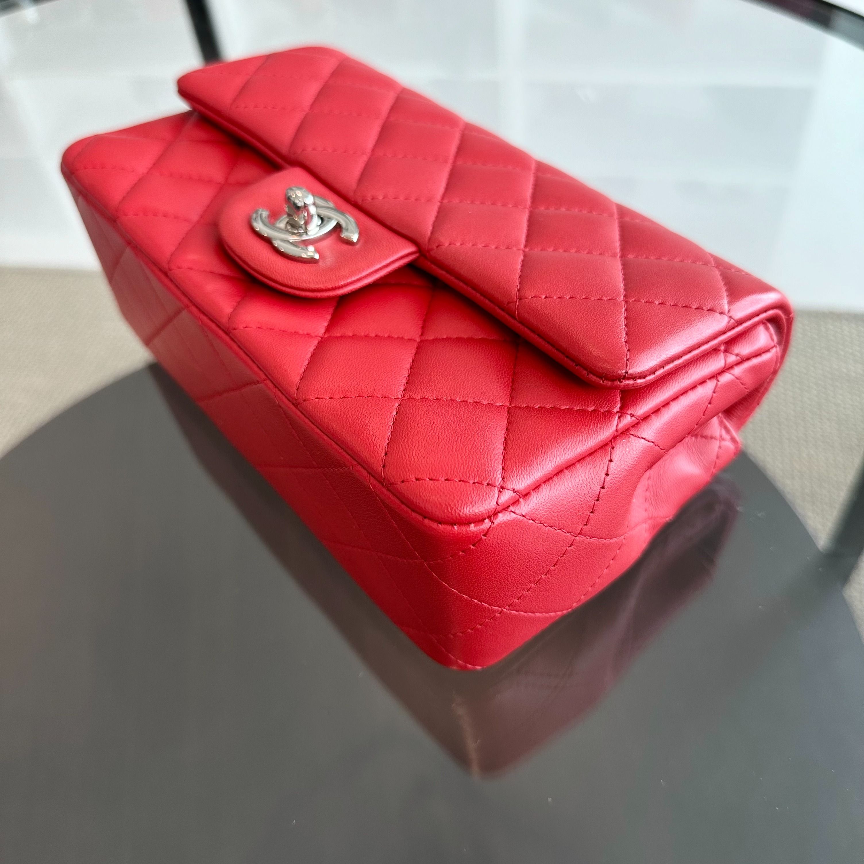 Chanel Mini Rectangular Classic Flap Lambskin Red SHW No 18 - Luxury Evermore