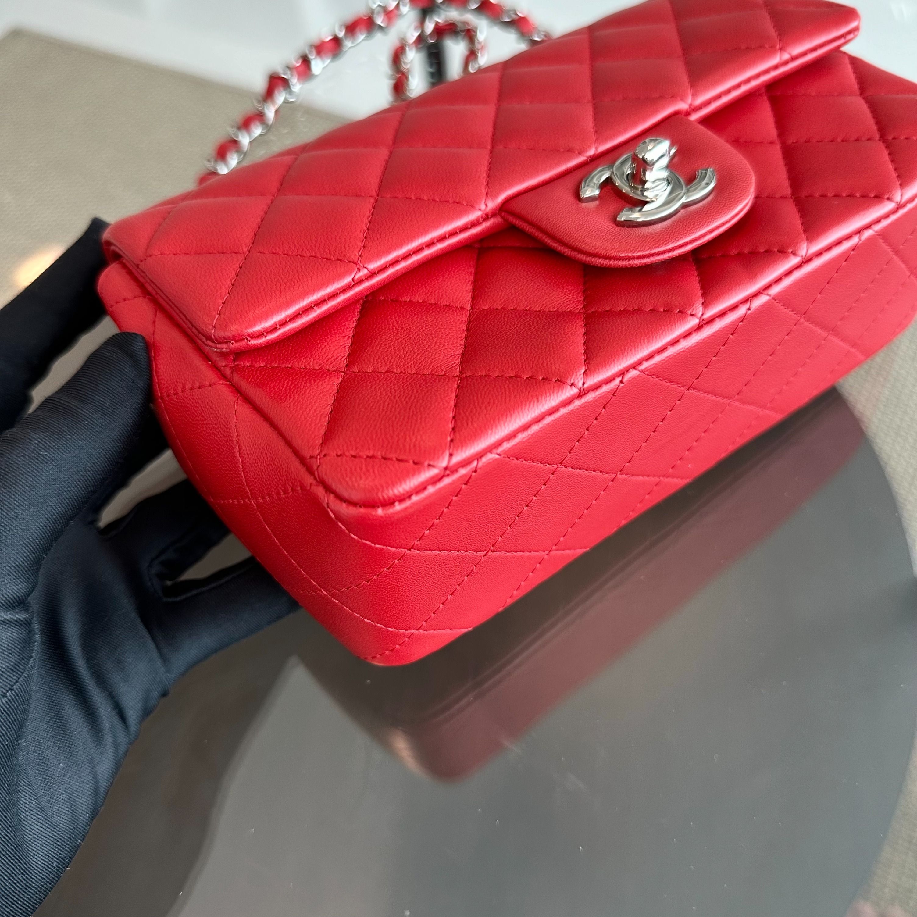 Chanel Mini Rectangular Classic Flap Lambskin Red SHW No 18 - Luxury Evermore