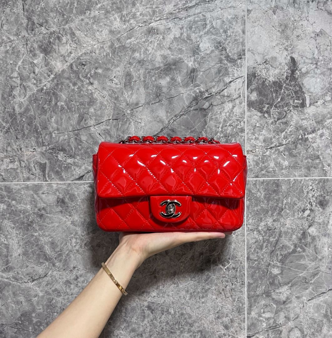 Chanel Mini Rectangular Classic Flap Patent Leather Red SHW No 19 - Luxury Evermore