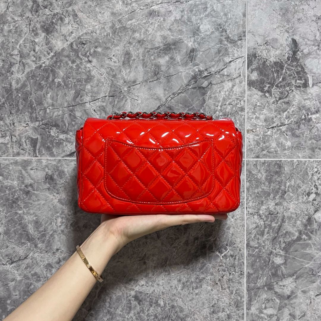 Chanel Mini Rectangular Classic Flap Patent Leather Red SHW No 19 - Luxury Evermore