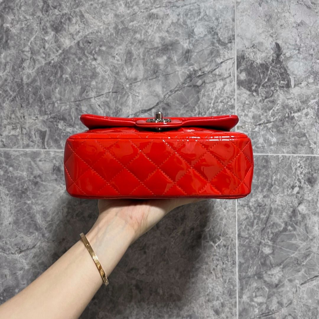 Chanel Mini Rectangular Classic Flap Patent Leather Red SHW No 19 - Luxury Evermore