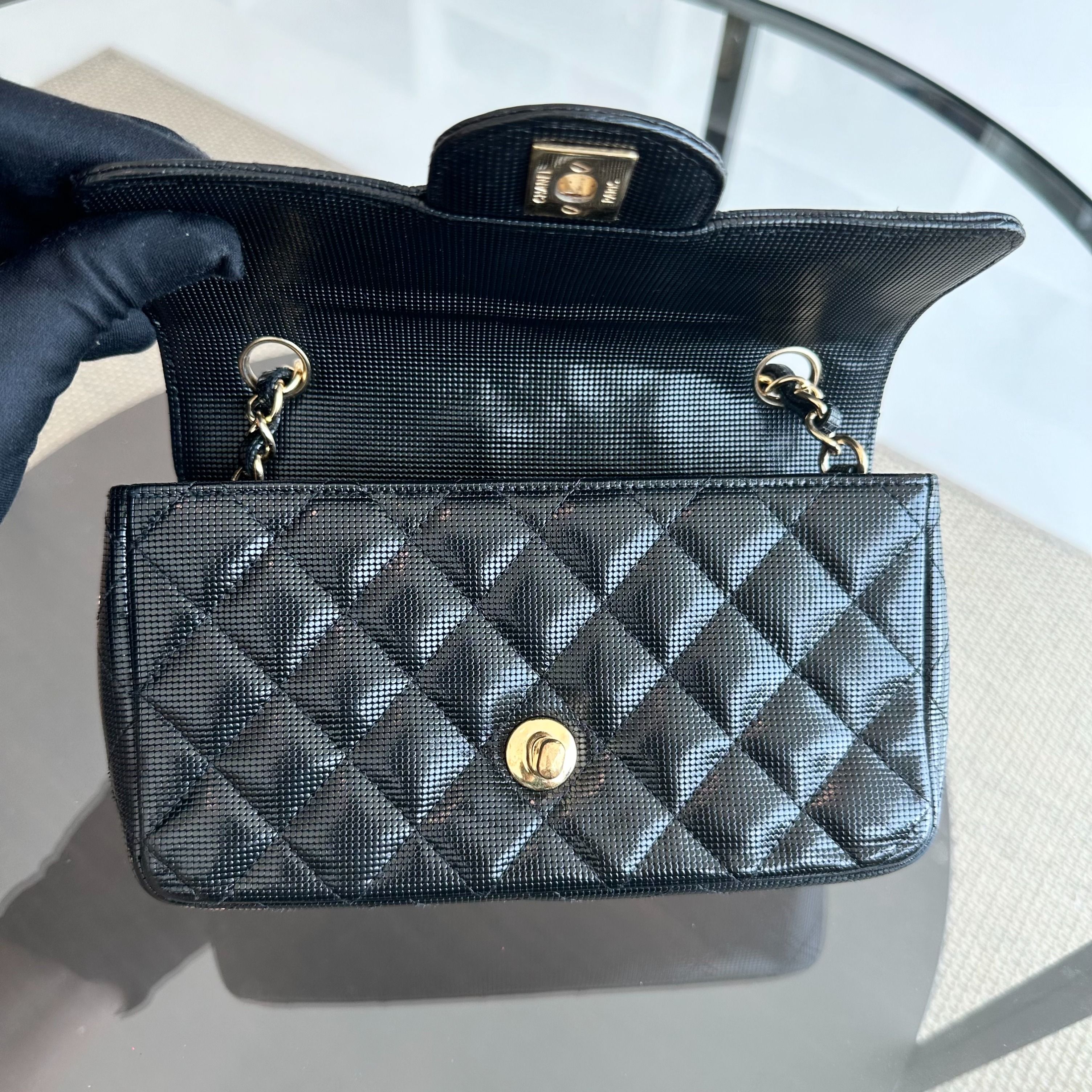 Chanel Mini Rectangular Classic Flap Pixel Effect Calfskin Cruise 2016 Black GHW No 21 - Luxury Evermore