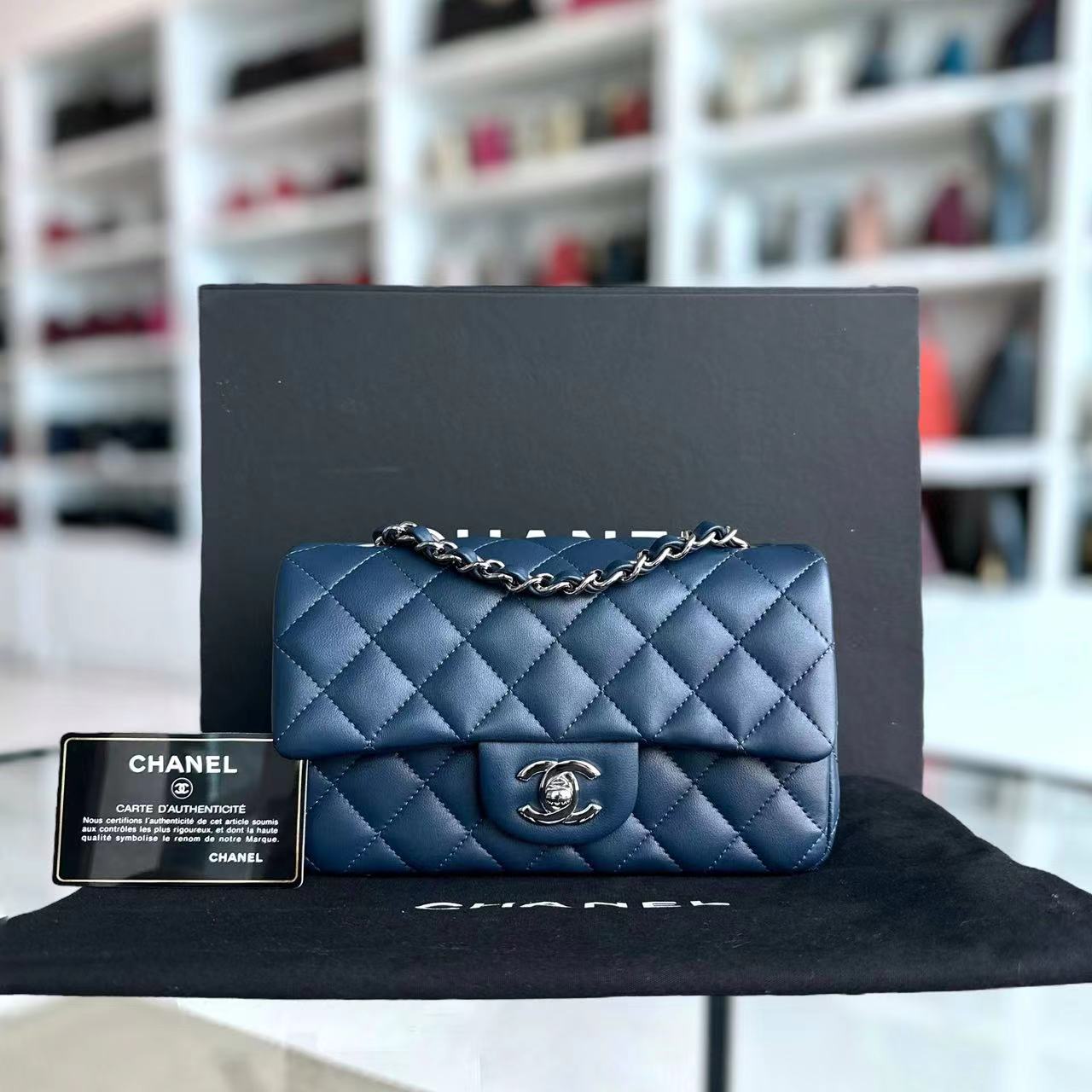 Chanel Mini Rectangular Classic Flap Quilted Lambskin Dark Blue Silver Hardware Series 25 - Luxury Evermore