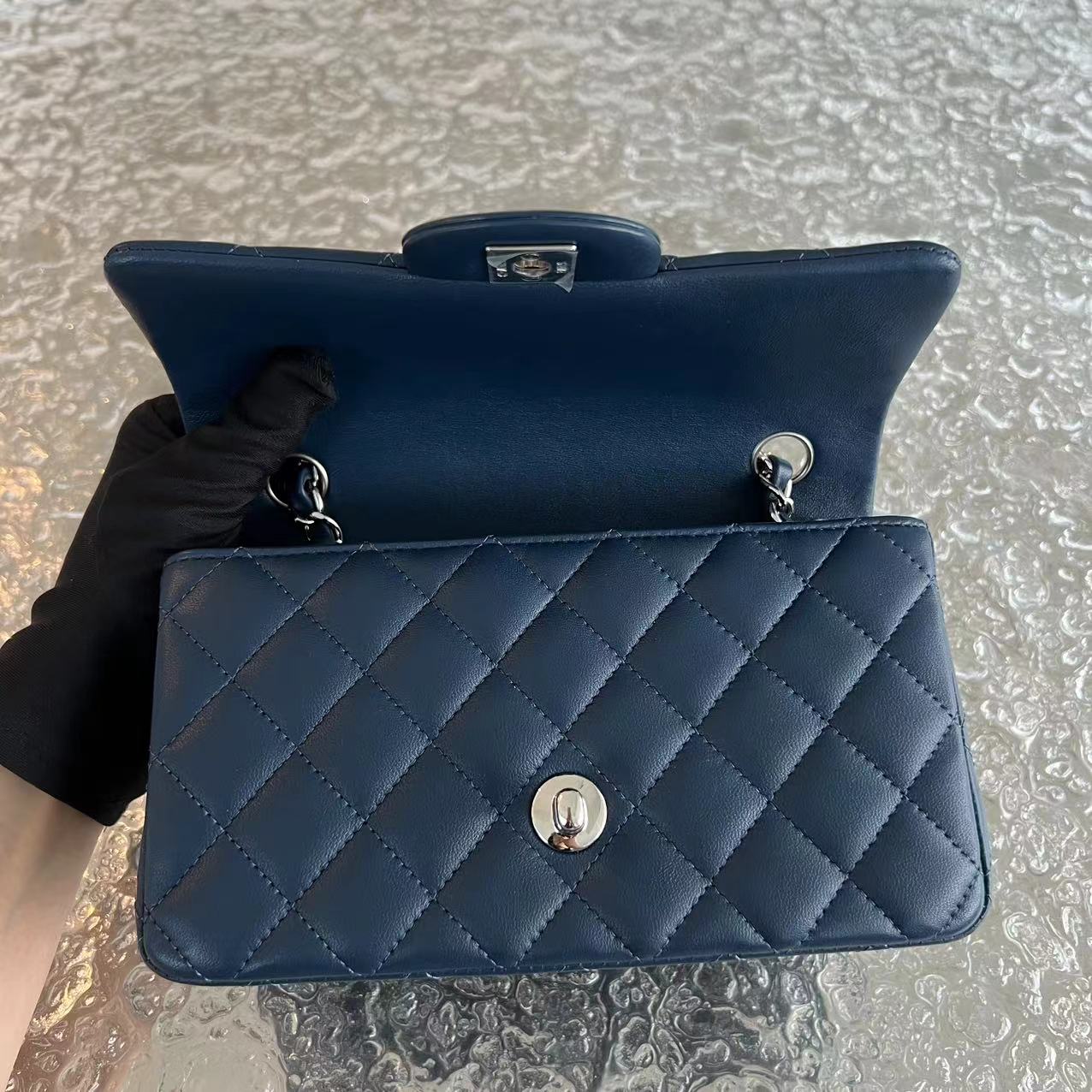 Chanel Mini Rectangular Classic Flap Quilted Lambskin Dark Blue Silver Hardware Series 25 - Luxury Evermore