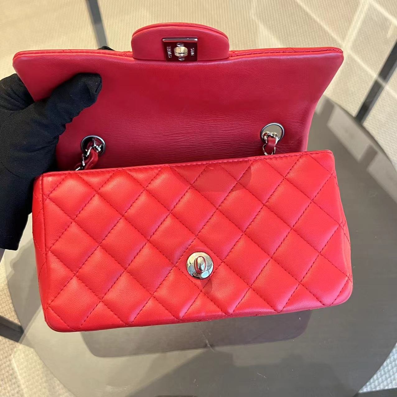 Chanel Mini Rectangular Classic Flap Quilted Lambskin Red Silver Hardware Series 18 - Luxury Evermore