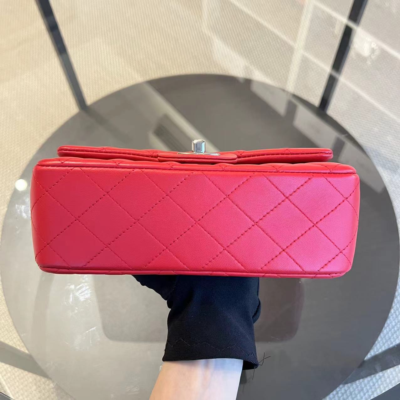 Chanel Mini Rectangular Classic Flap Quilted Lambskin Red Silver Hardware Series 18 - Luxury Evermore