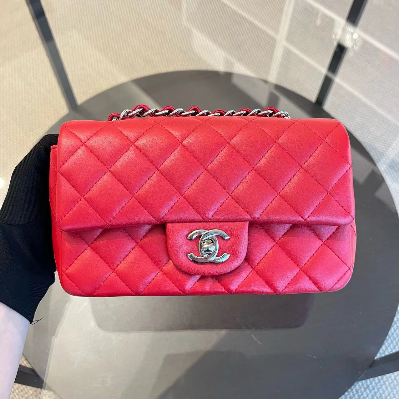 Chanel Mini Rectangular Classic Flap Quilted Lambskin Red Silver Hardware Series 18 - Luxury Evermore