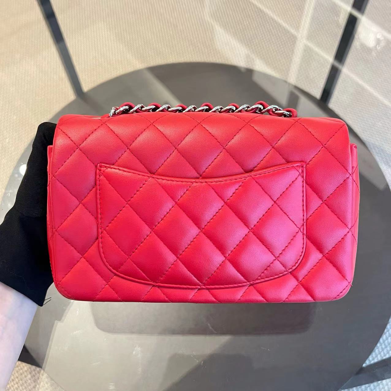 Chanel Mini Rectangular Classic Flap Quilted Lambskin Red Silver Hardware Series 18 - Luxury Evermore