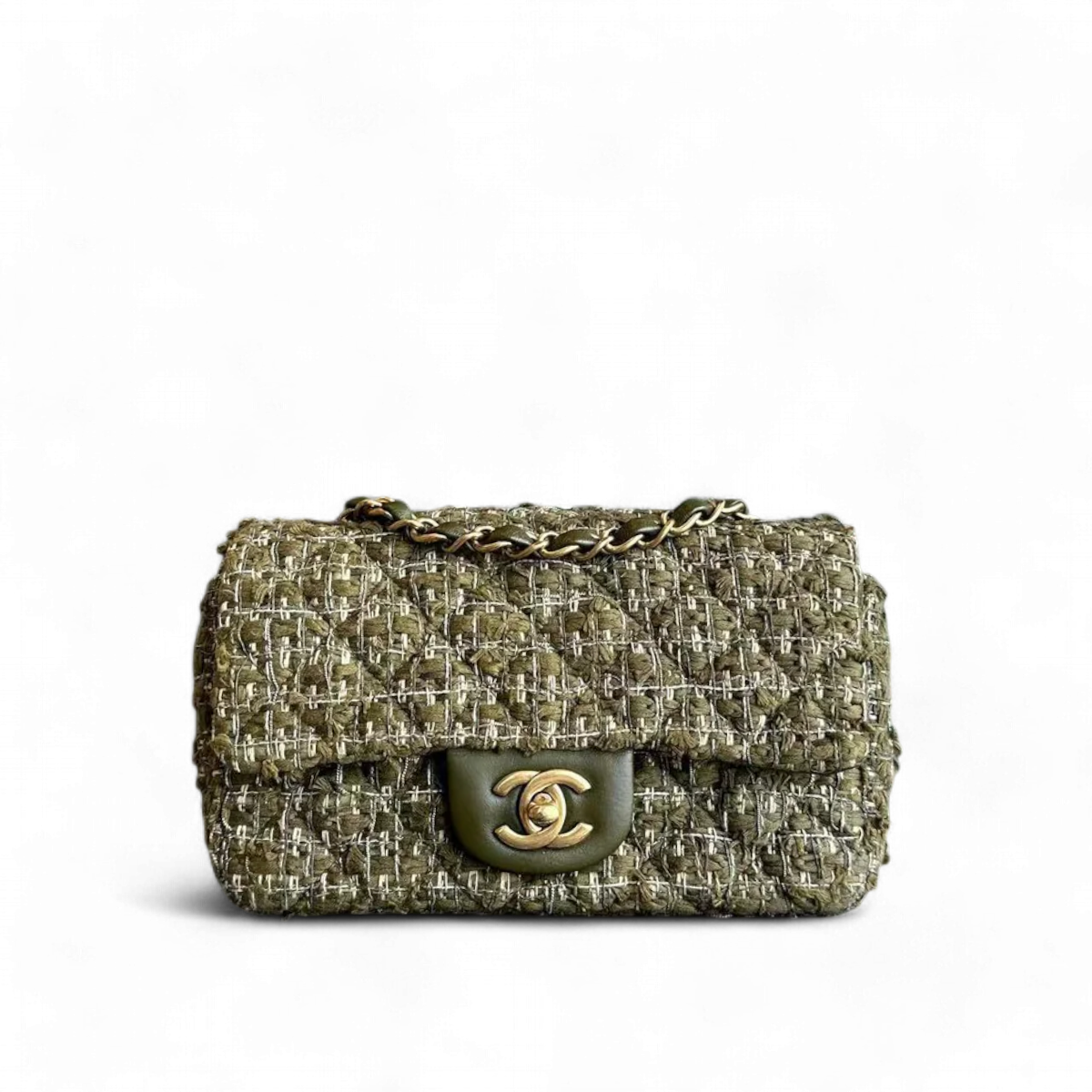 Mini Rectangular Classic Flap Quilted Tweed Green Golden Hardware Series 23