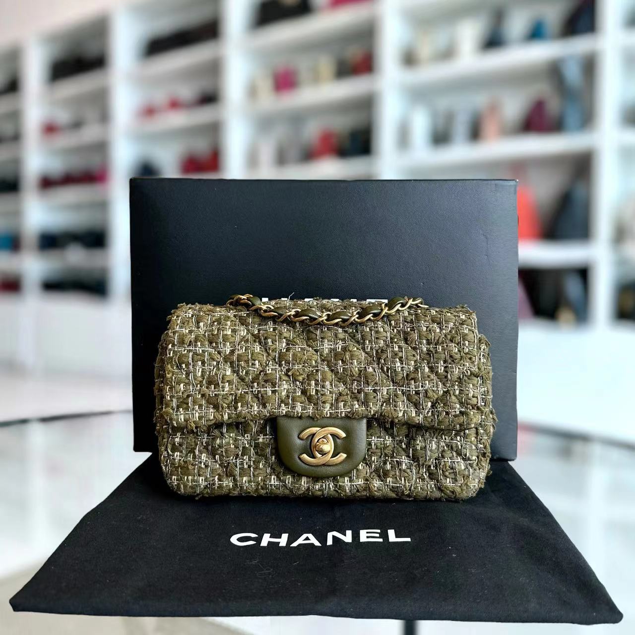 Chanel Mini Rectangular Classic Flap Quilted Tweed Green Golden Hardware Series 23 - Luxury Evermore