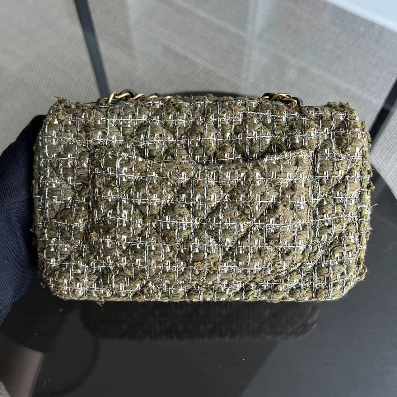 Chanel Mini Rectangular Classic Flap Quilted Tweed Green Golden Hardware Series 23 - Luxury Evermore