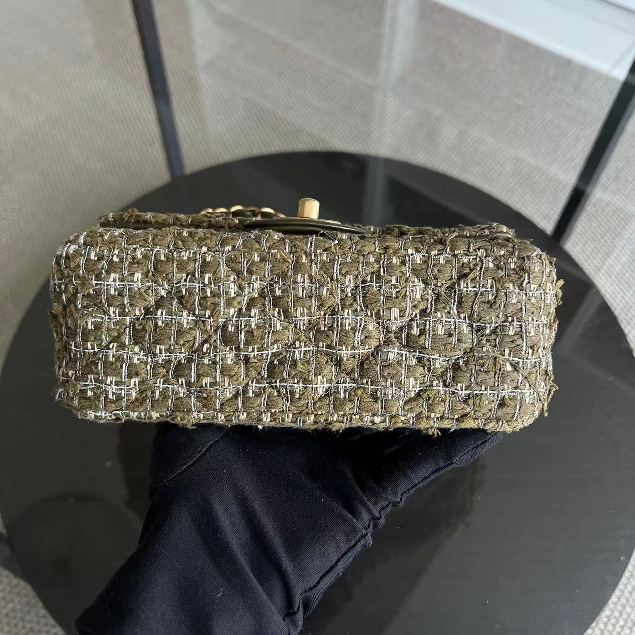 Chanel Mini Rectangular Classic Flap Quilted Tweed Green Golden Hardware Series 23 - Luxury Evermore