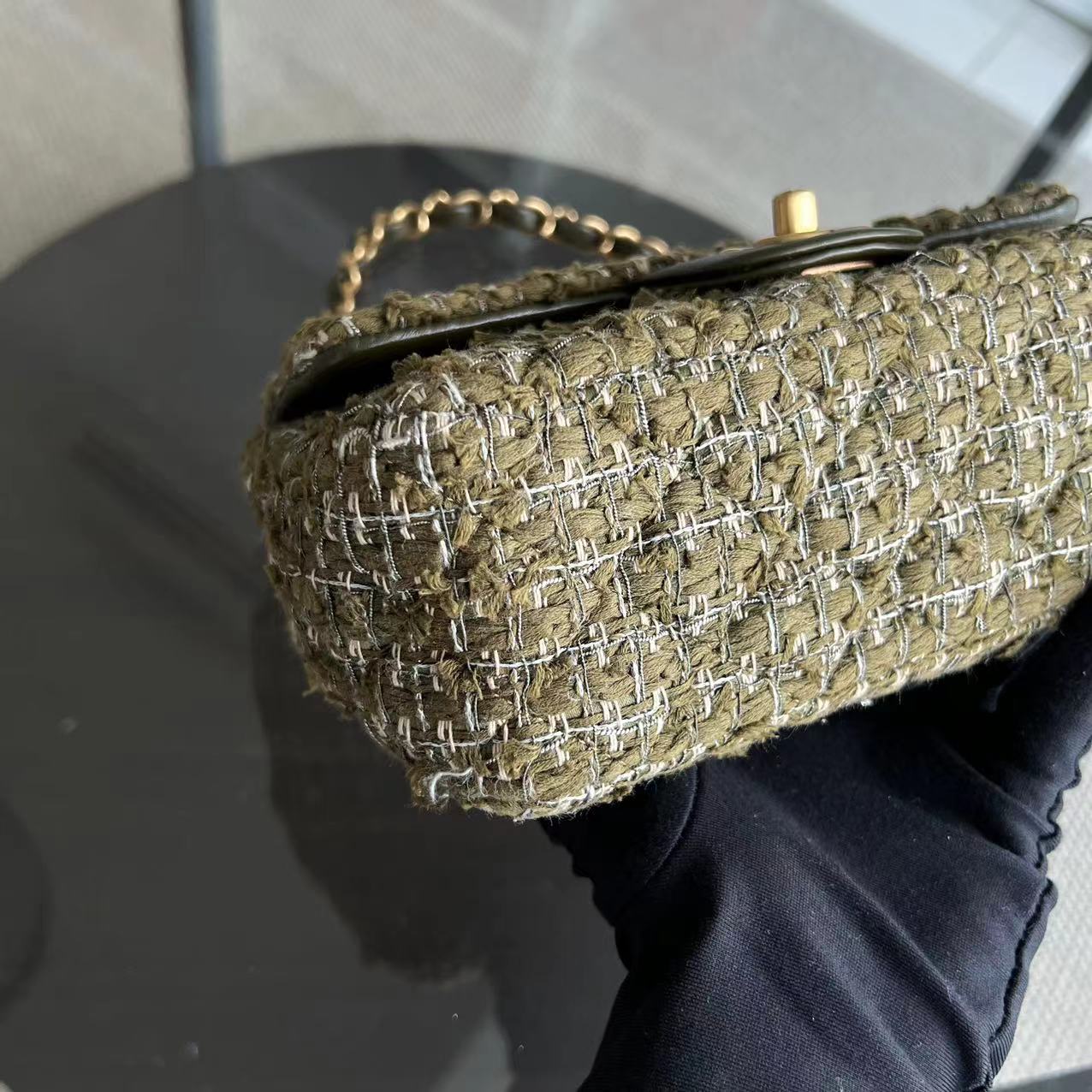 Chanel Mini Rectangular Classic Flap Quilted Tweed Green Golden Hardware Series 23 - Luxury Evermore