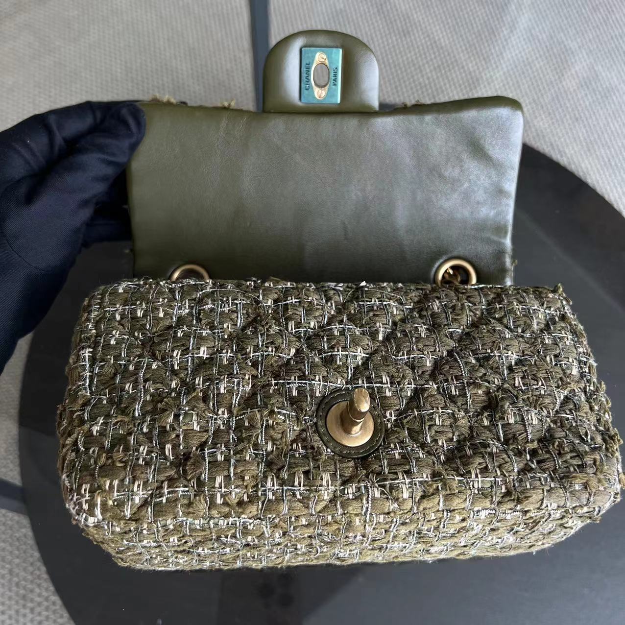 Chanel Mini Rectangular Classic Flap Quilted Tweed Green Golden Hardware Series 23 - Luxury Evermore