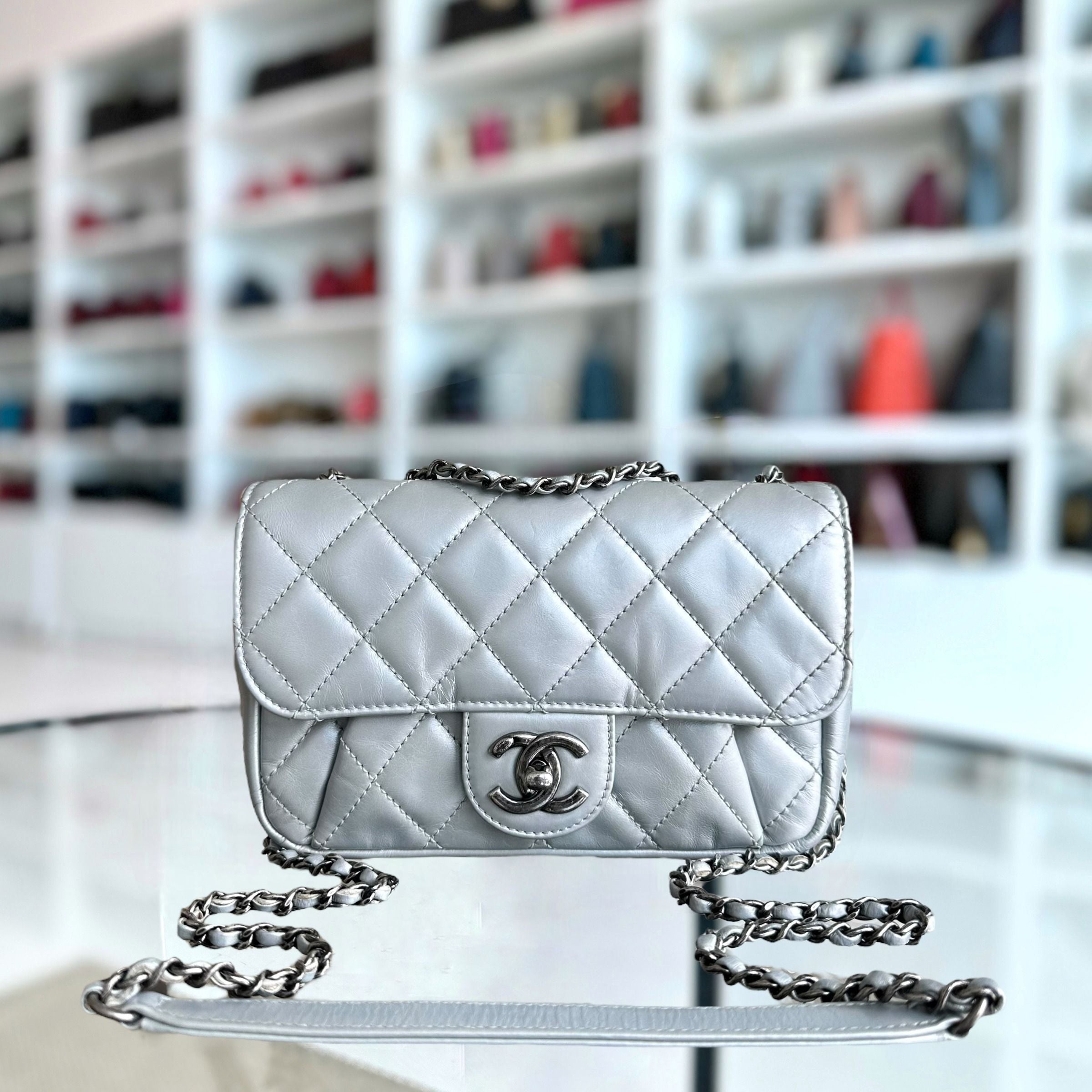 Chanel Mini Rectangular Plated Chain Seasonal Flap Quilted Calfskin Silver SHW No 21 - Luxury Evermore