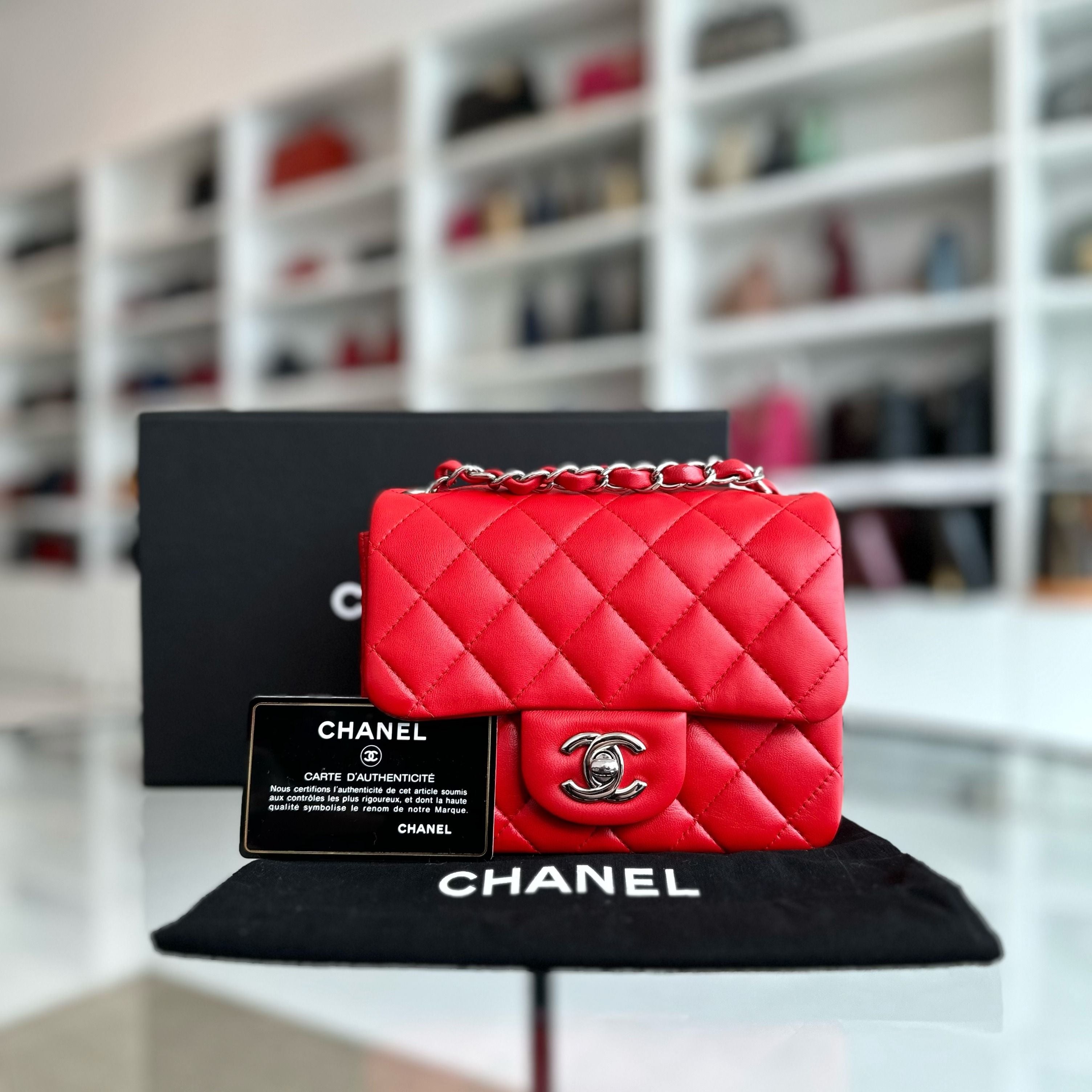 Chanel Mini Square 17CM Classic Flap Lambskin Red SHW No 22 - Luxury Evermore