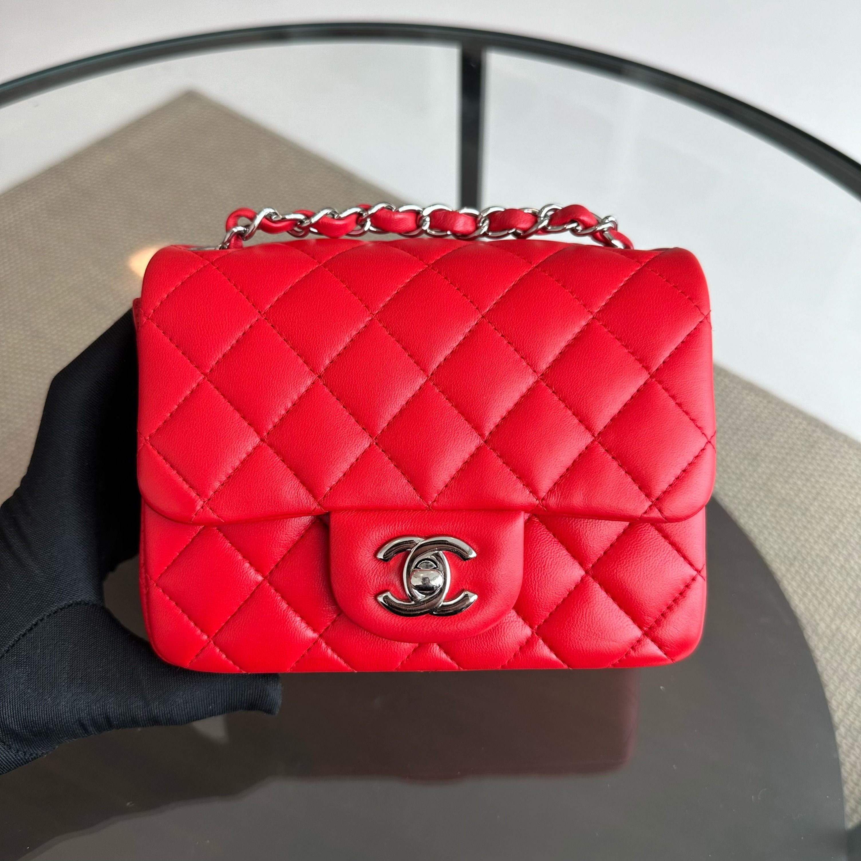 Chanel Mini Square 17CM Classic Flap Lambskin Red SHW No 22 - Luxury Evermore