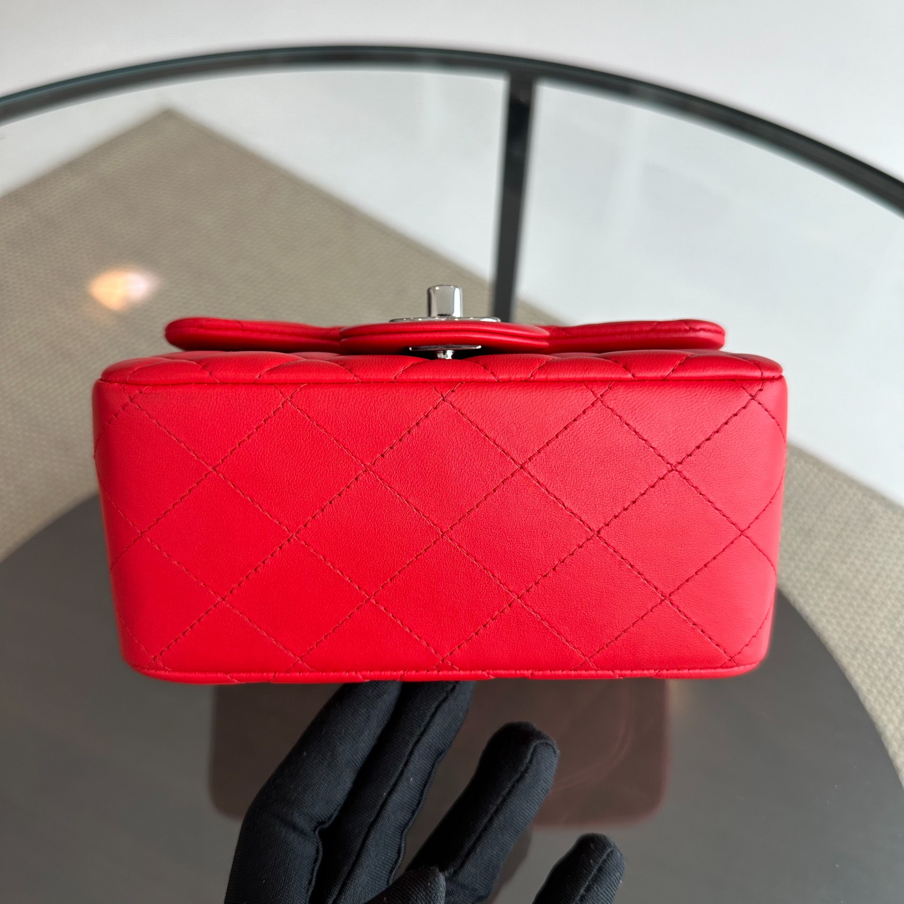 Chanel Mini Square 17CM Classic Flap Lambskin Red SHW No 22 - Luxury Evermore