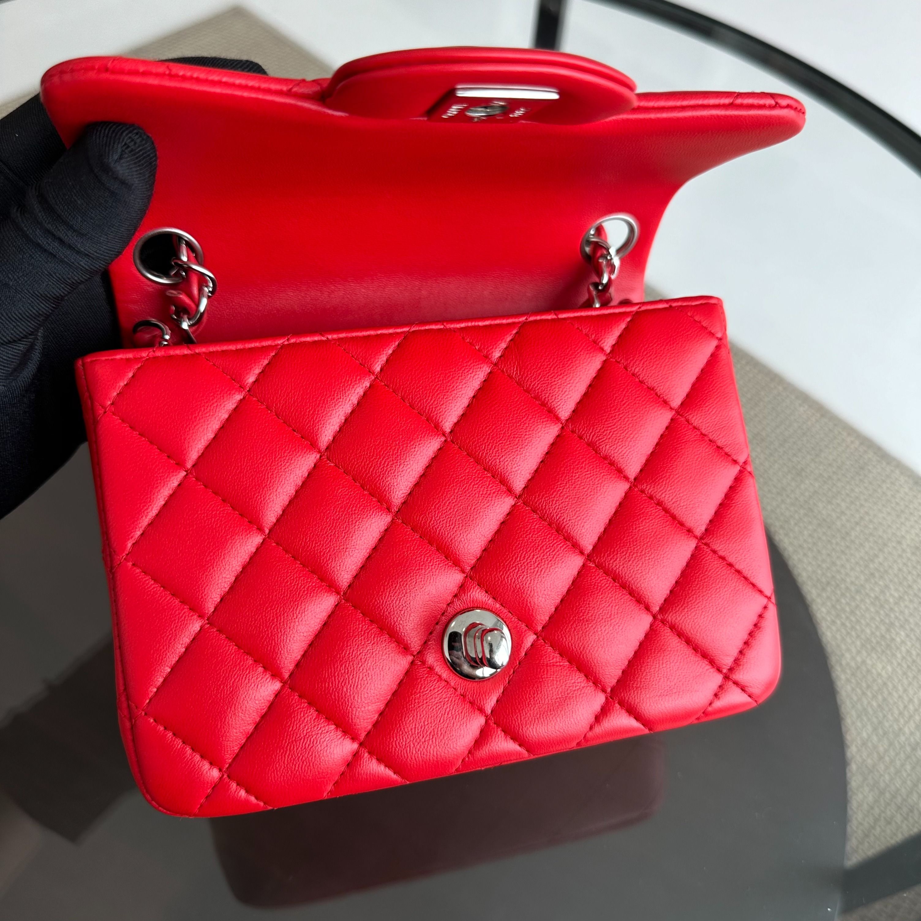 Chanel Mini Square 17CM Classic Flap Lambskin Red SHW No 22 - Luxury Evermore