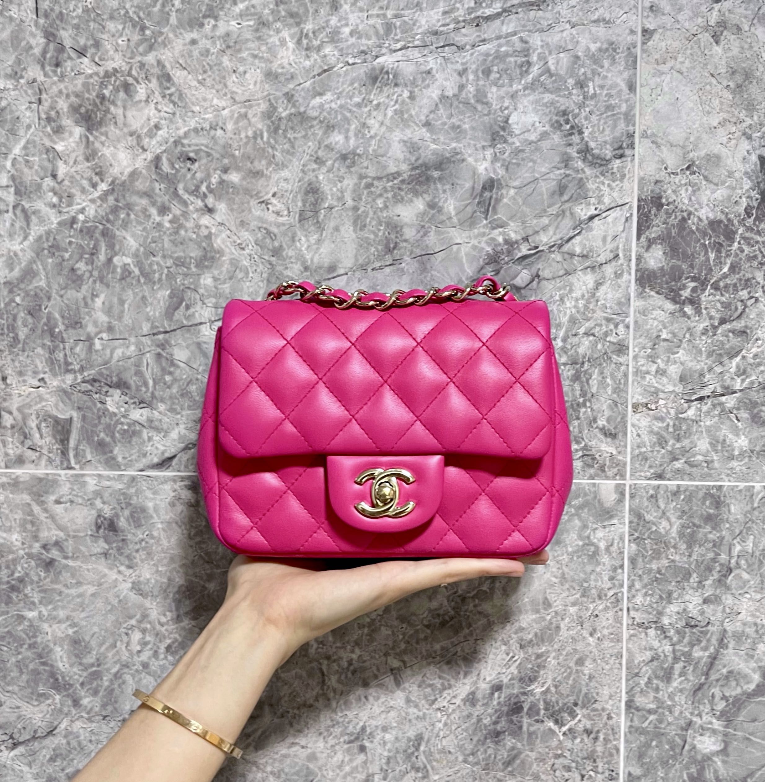 Chanel Mini Square Classic Flap Hot Pink GHW No 21 - Luxury Evermore