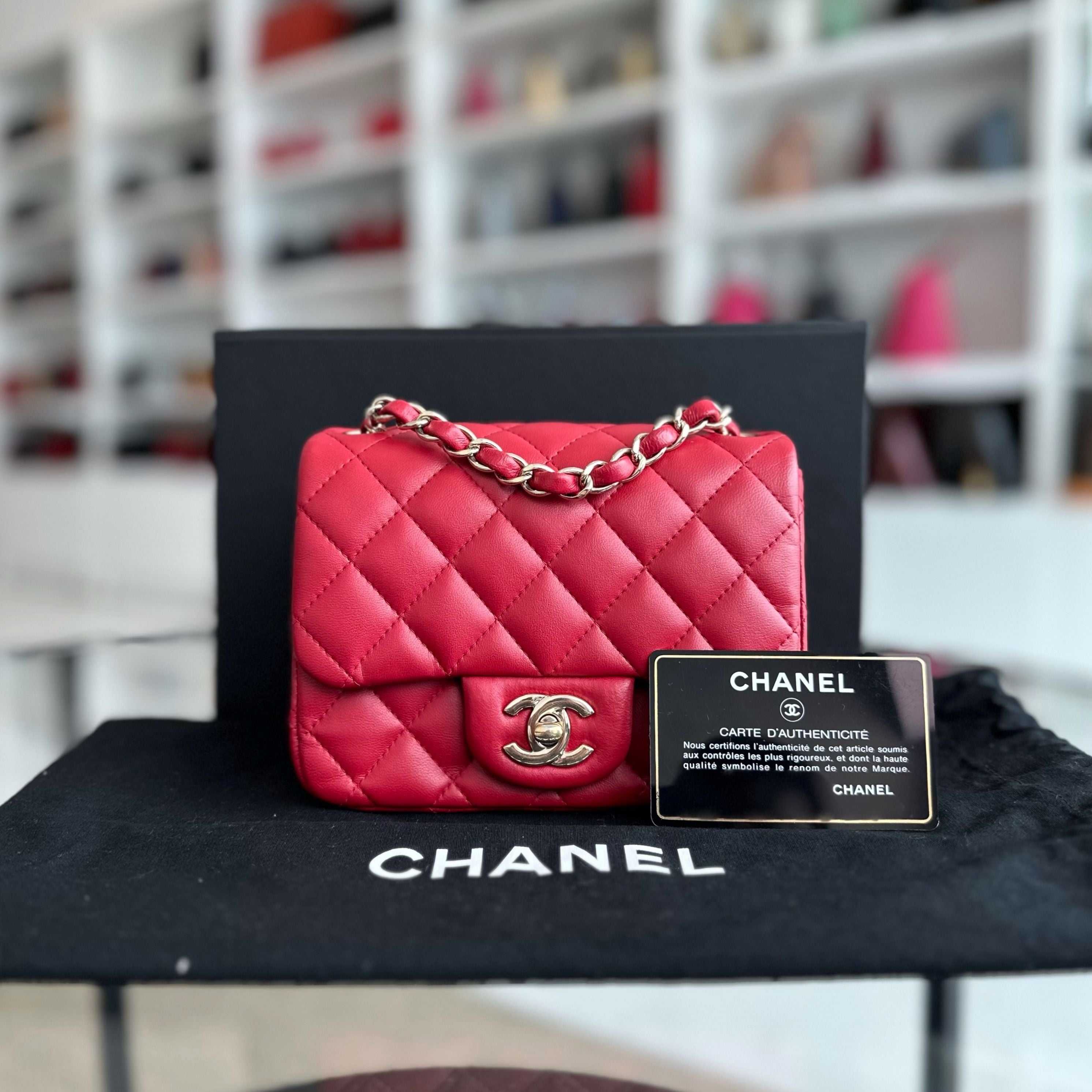 Chanel Mini Square Classic Flap Lambskin Red GHW No 23 - Luxury Evermore