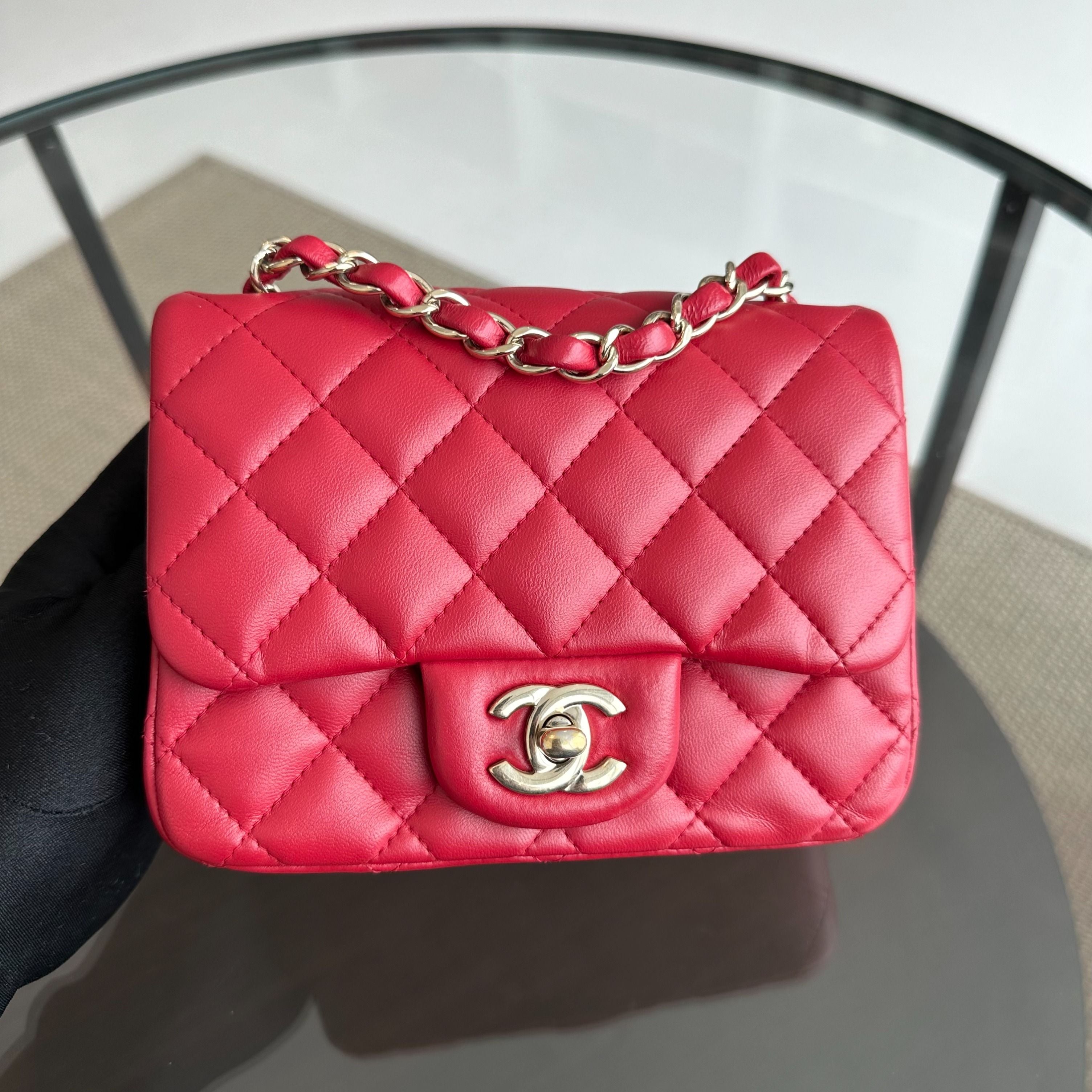 Chanel Mini Square Classic Flap Lambskin Red GHW No 23 - Luxury Evermore