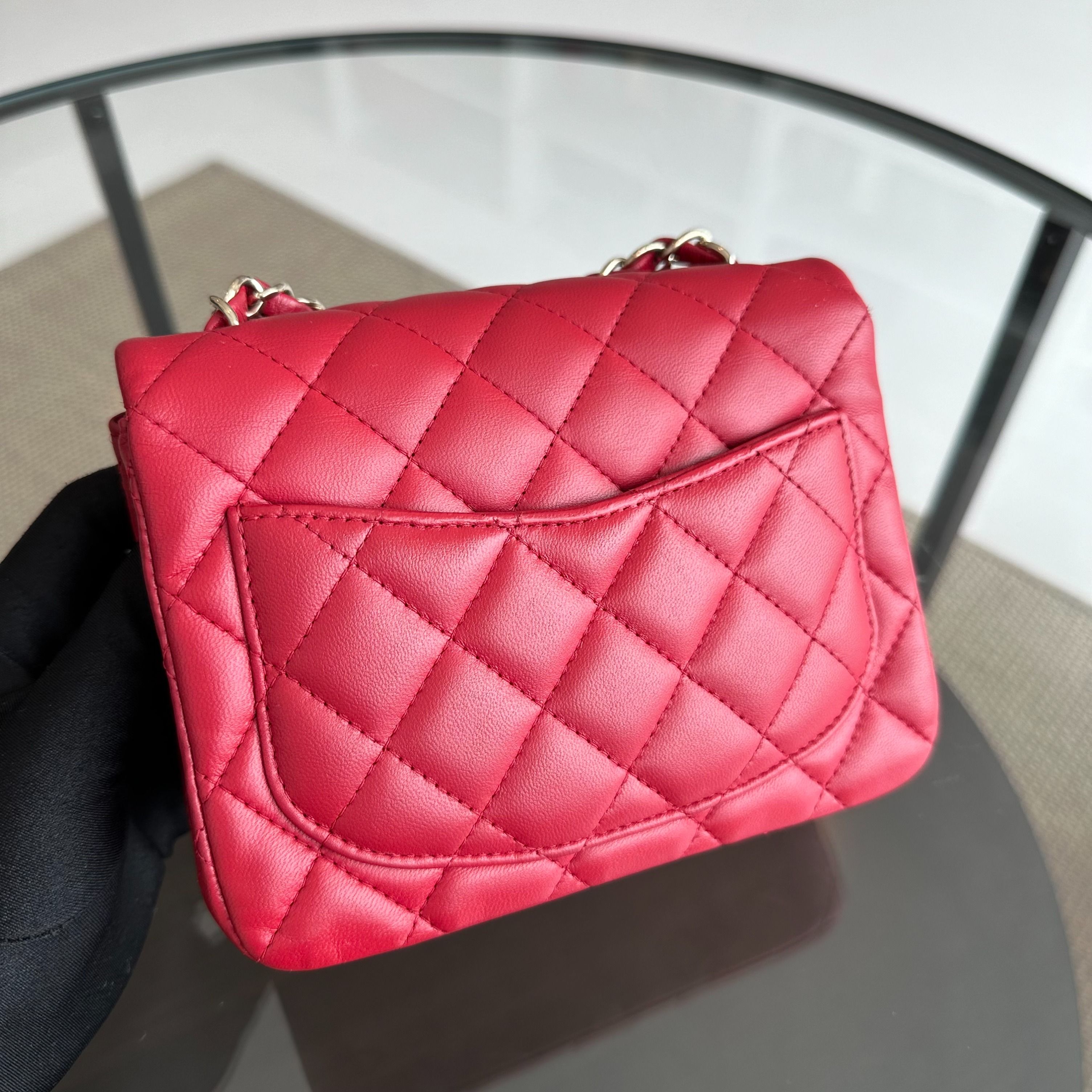 Chanel Mini Square Classic Flap Lambskin Red GHW No 23 - Luxury Evermore