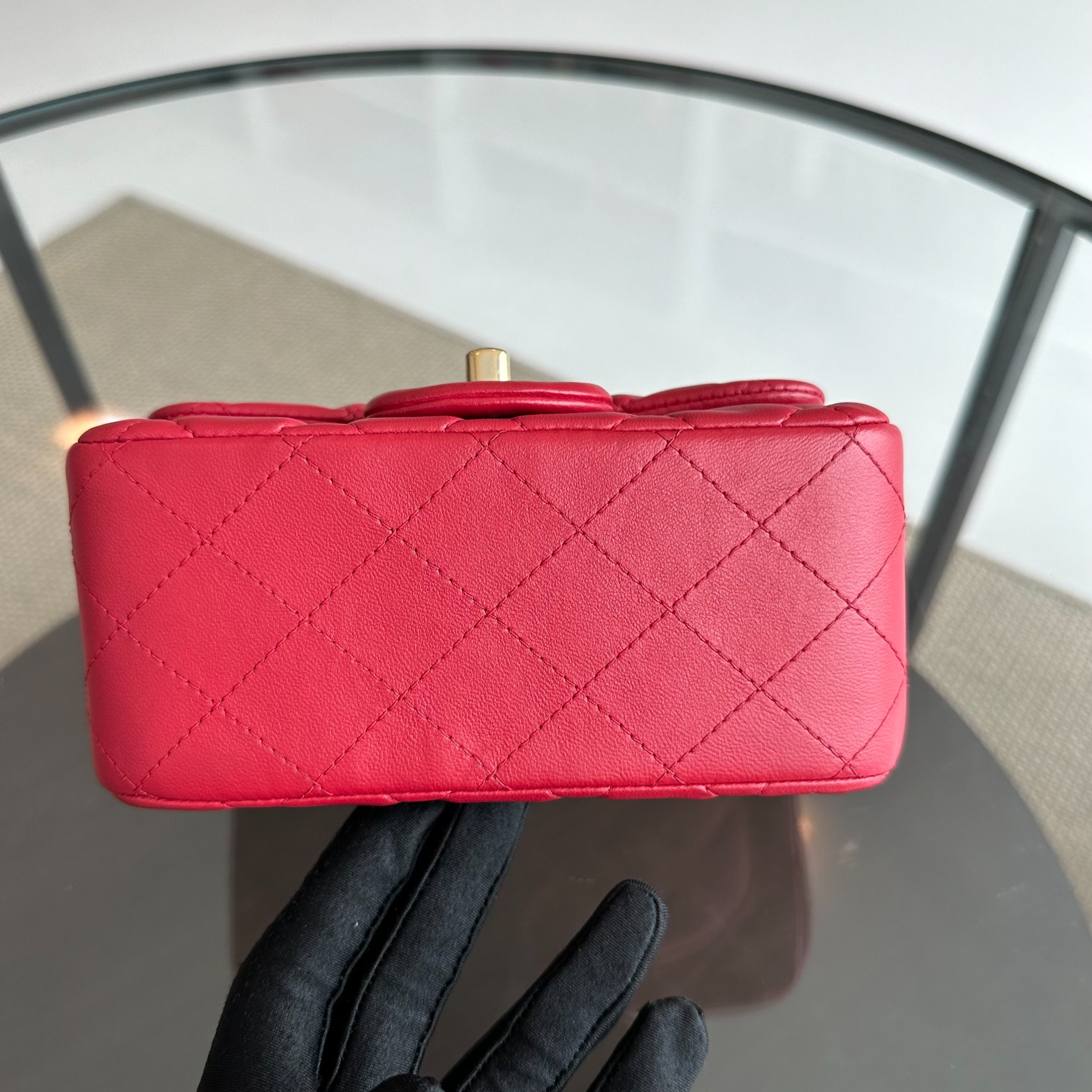 Chanel Mini Square Classic Flap Lambskin Red GHW No 23 - Luxury Evermore