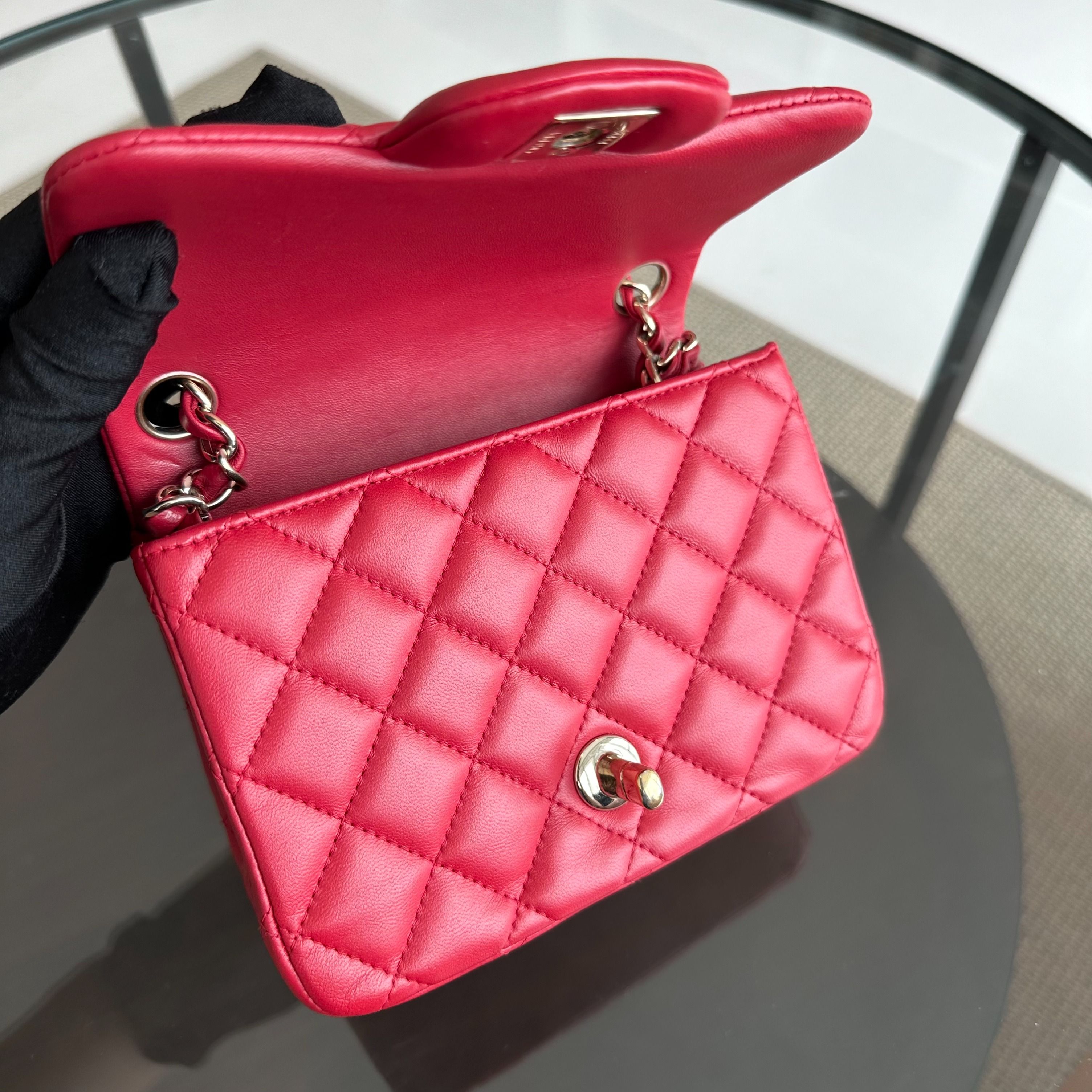 Chanel Mini Square Classic Flap Lambskin Red GHW No 23 - Luxury Evermore