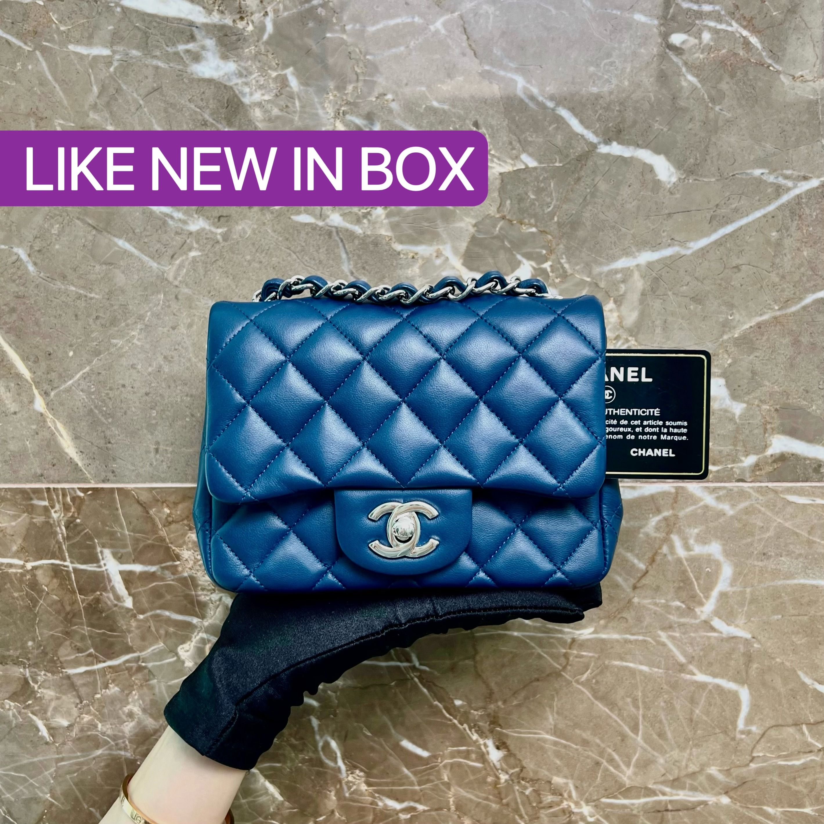 Chanel Mini Square Classic Flap Navy Blue SHW No 28 - Luxury Evermore