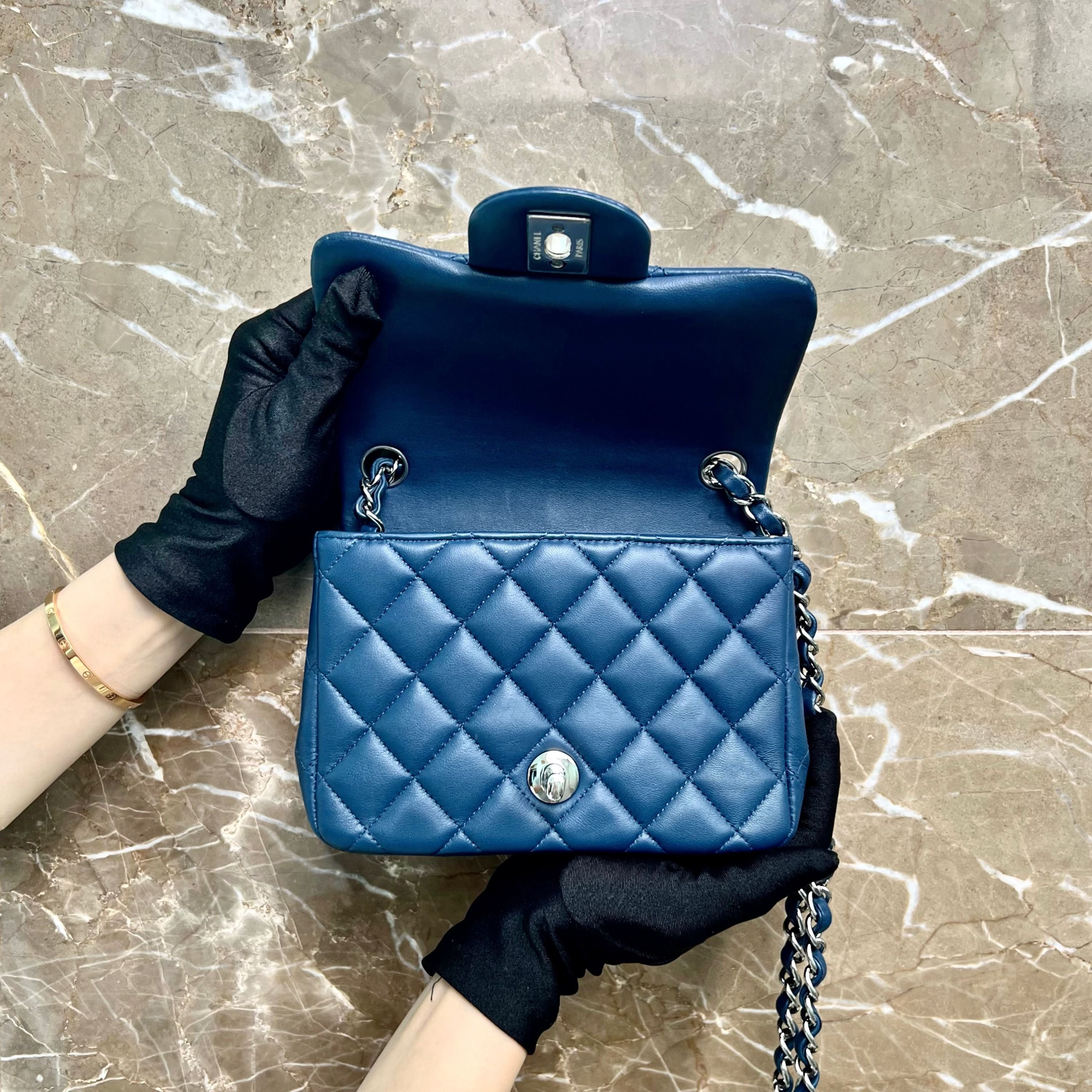 Chanel Mini Square Classic Flap Navy Blue SHW No 28 - Luxury Evermore