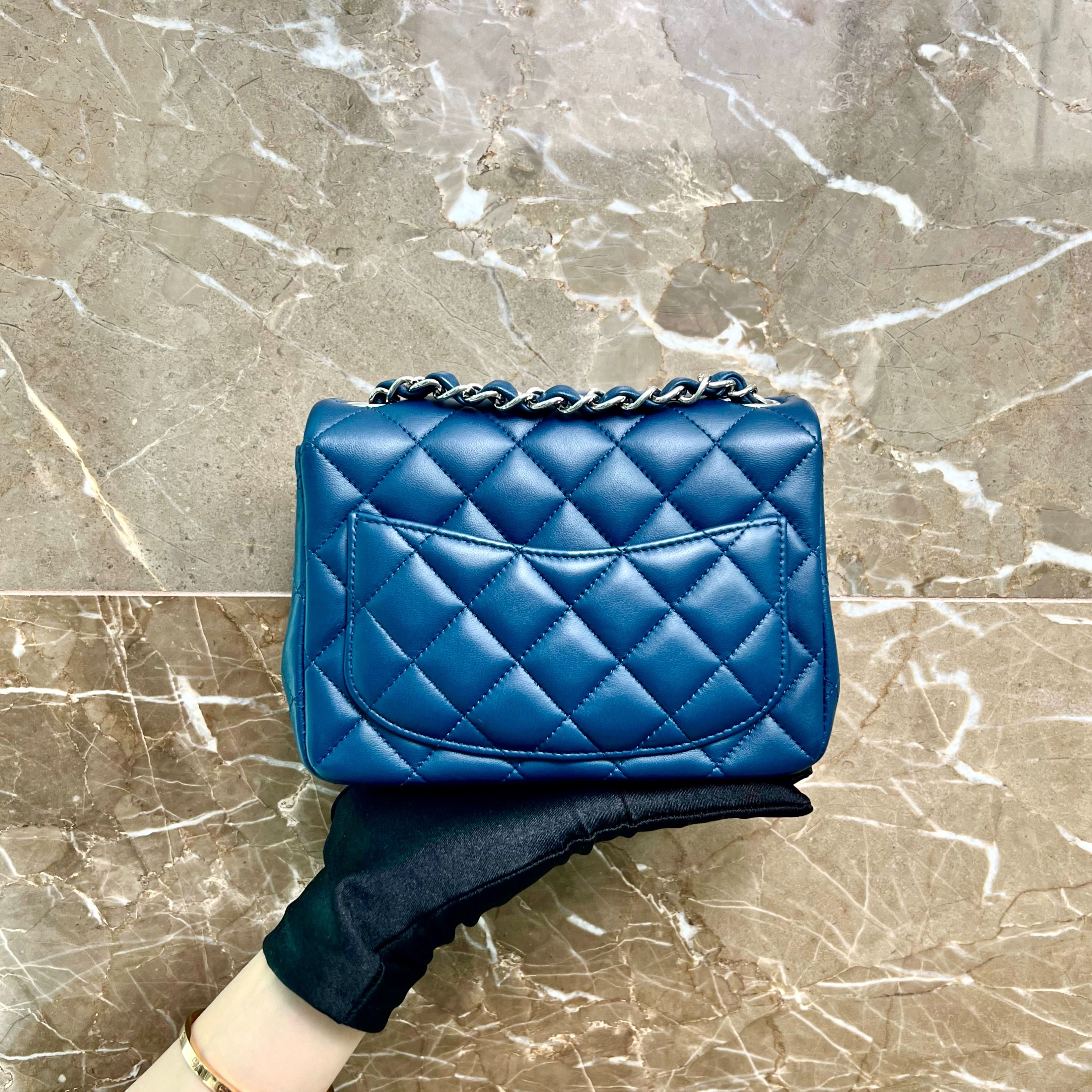 Chanel Mini Square Classic Flap Navy Blue SHW No 28 - Luxury Evermore