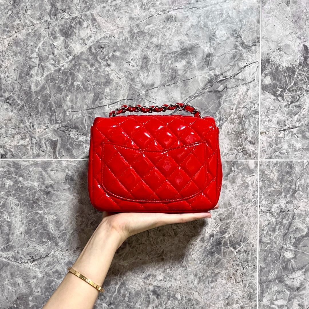 Chanel Mini Square Classic Flap Patent Leather Red No 18 - Luxury Evermore